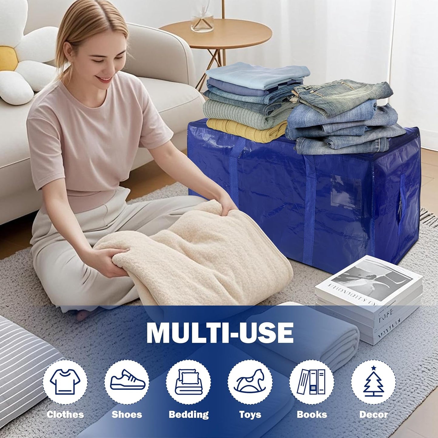 16 Pack Extra Heavy Duty Large Moving Bags with Strong Zipper & Carrying Handles, Sturdy Clothes Storage Bag Totes Bins, Packing Bags Moving Boxes College Moving Supplies, Dark Blue - 24 gal