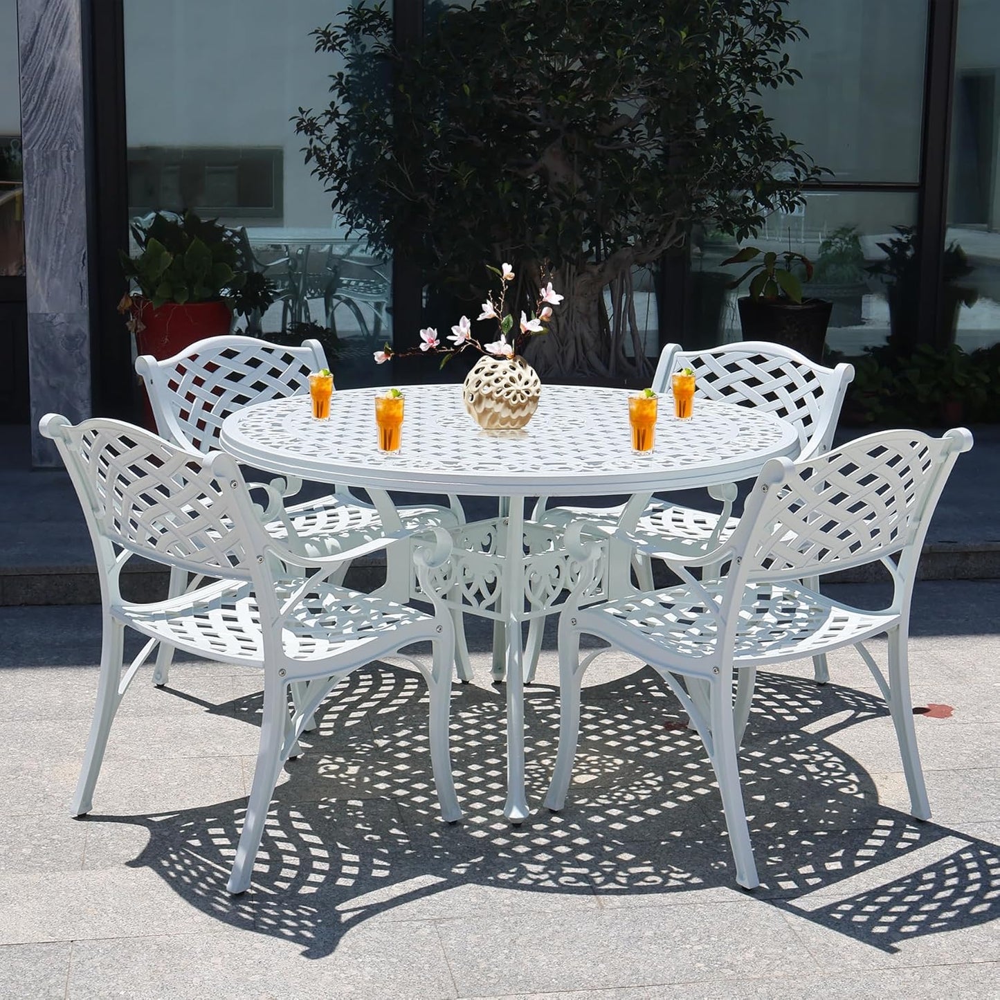 48 Inch Outdoor Dining Table Round Patio Bistro Table Powder-Coated Cast Aluminum Frame Patio Dining Table Garden Table with Umbrella Hole (White)