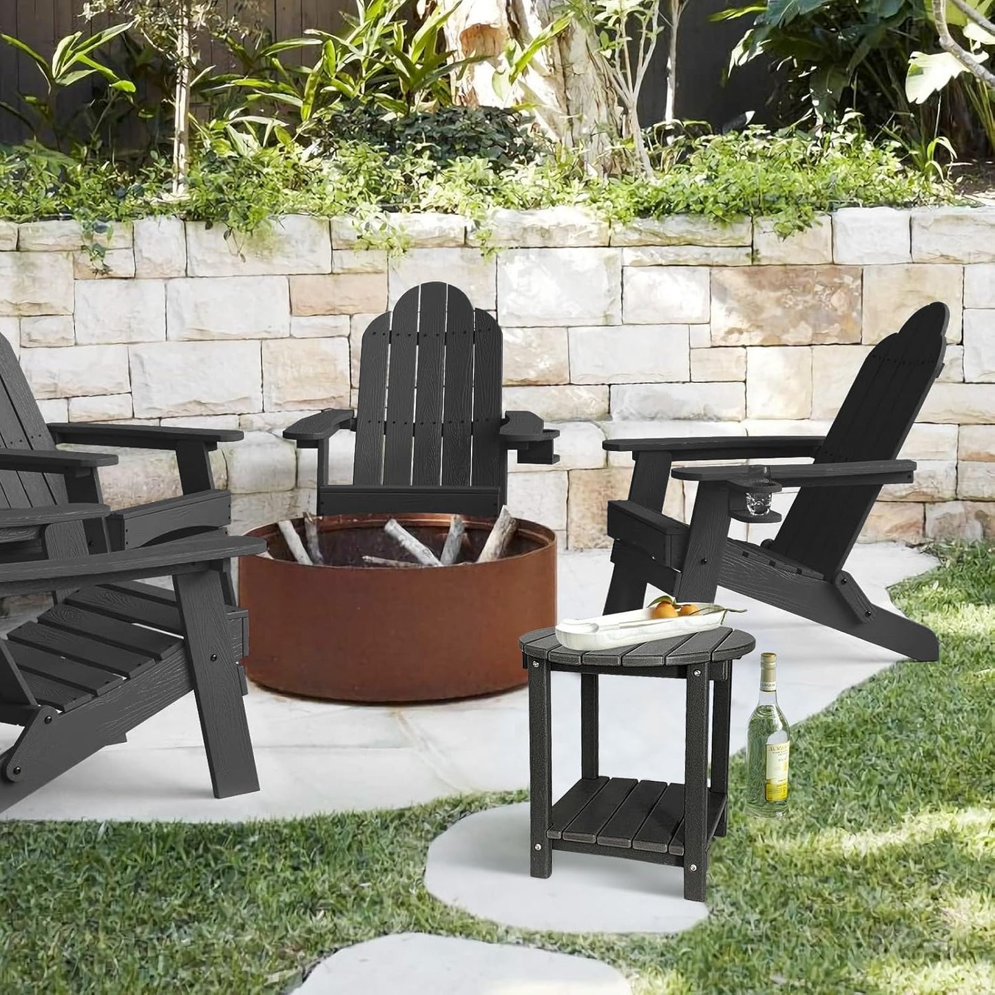 Adirondack Round Outdoor Side Table 2-Tier Storage Patio Side Table, HDPE End Tables for Backyard Pool Porch Garden Lawn (Black)