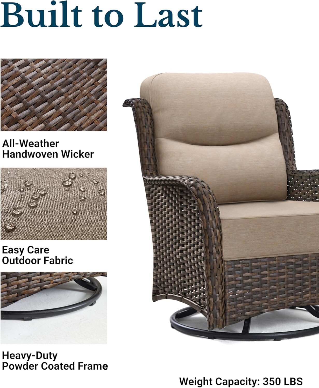 HILLGA Luxury Patio Furniture Set with 6-inch Thick Cushion, Outdoor High Back Swivel Rocker Patio Chairs, 5PCS Wicker Conversation Set for Deck Yard and Poolside, Beige (V2)