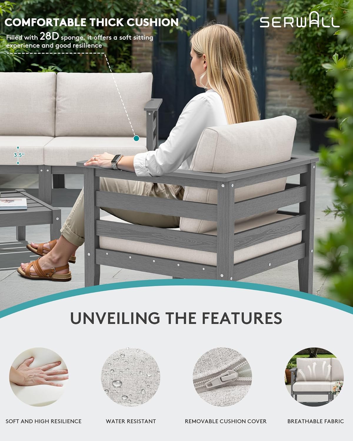 SERWALL HDPE Patio Furniture Set, 6 Pieces Outdoor Sectional Sofa Set, All-Weather Wood-Like Outdoor Sofa Couch with Coffee Table for Deck, Lawn, Grey Frame with Khaki Cushion