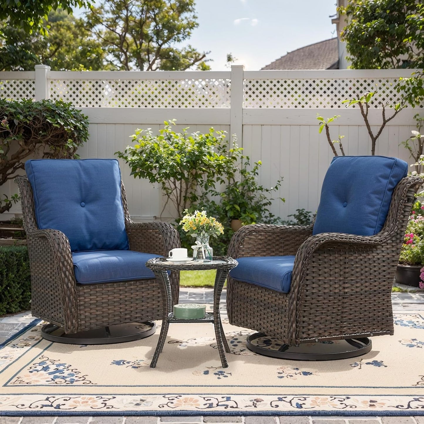 Outdoor Swivel Rcoker Patio Chair - 3 Pieces Wicker Swivel Glider Chairs with Side Table, Patio Furniture Set for Porch Deck Balcony Garden