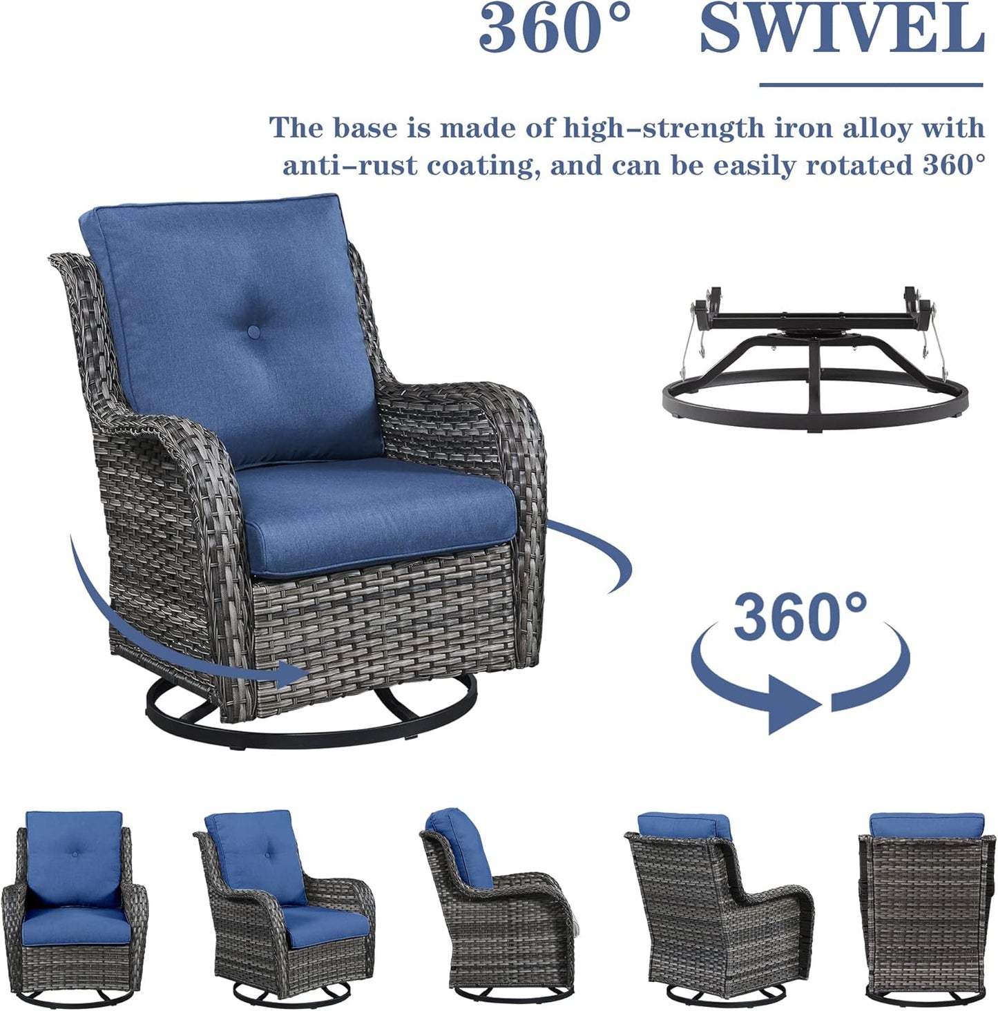 Outdoor Sectional Furniture Sofa Set with Propane Fire Pit Table, Wicker Patio Conversation Set with 2 Swivel Rocker Glider Chairs Blue Cushion Perfect for Backyard Casual Gathering