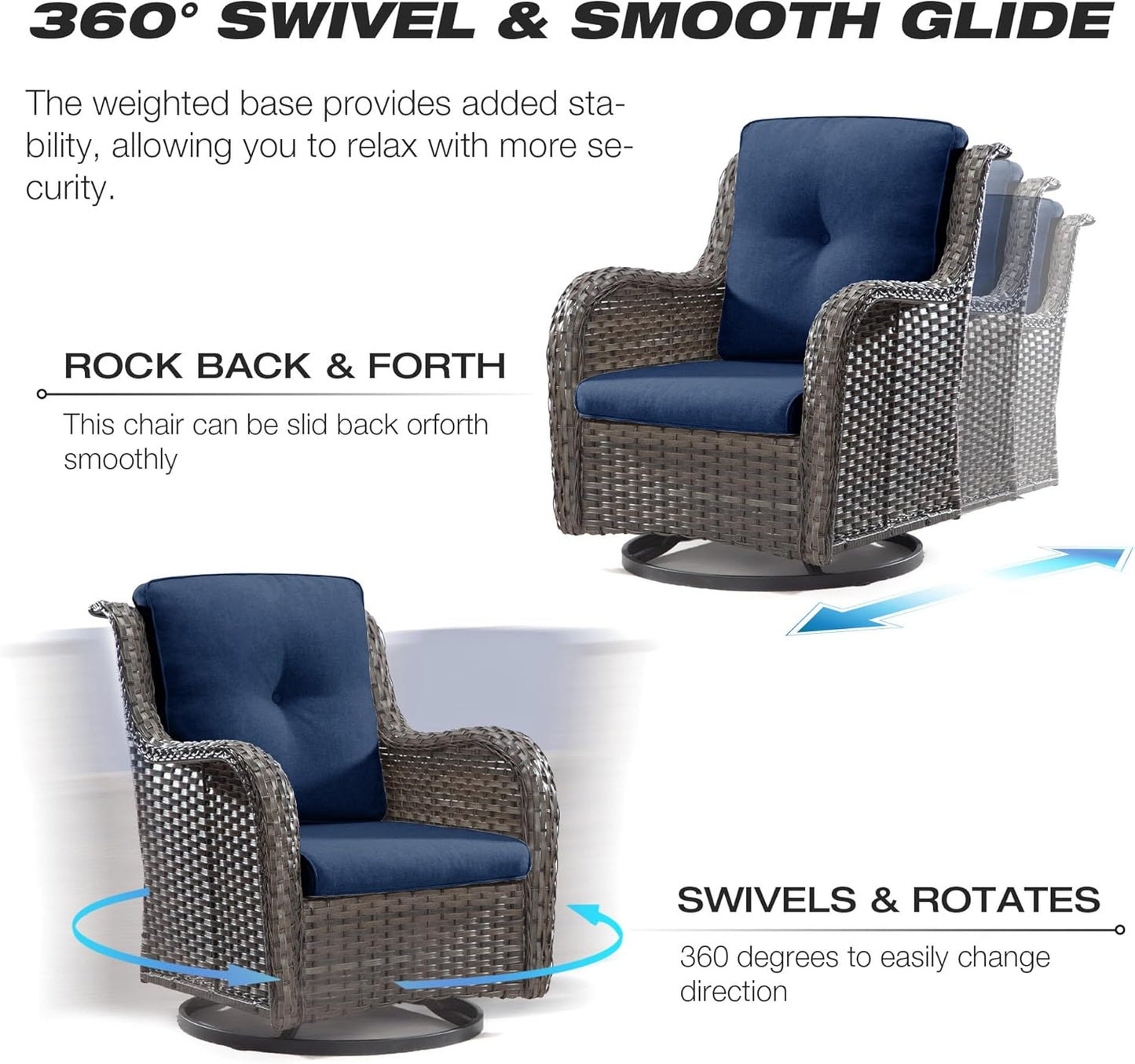 Joyside Outdoor Swivel Rocker Patio Chair and Matching Side Table - 2-Piece Wicker Patio Bistro Set with Premium Fabric Cushions (Brown Mixed with Grey/Blue)