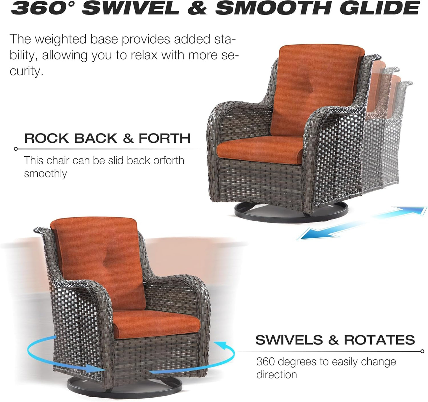 Joyside Wicker Patio Furniture Sets 8 Piece Set with 3-Seat Sofa, 2 Swivel Rocking Armchairs, 2 Armchairs, 2 Ottoman and 1 Side Table Wicker Outdoor Conversation Set(Brown Mixed Gray/Orange)