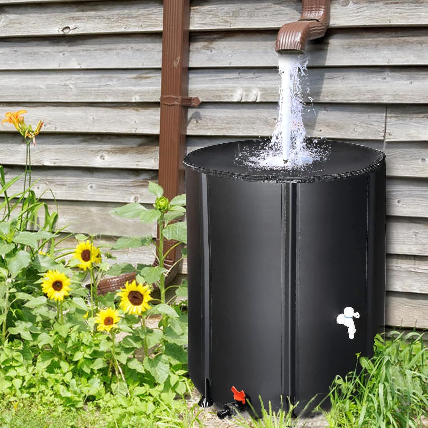 132 Gallon Collapsible Rain Barrel, Portable Rainwater Collection System, Rain Catcher Barrel, Water Storage Tank with Two Spigots and Overflow Kit, Rain Water Barrel Collector for Garden, Black
