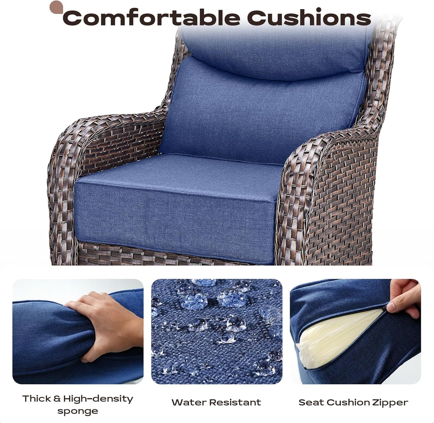 6 Piece Outdoor Patio Swivel Rocker Chairs, Waterproof Wicker, High Back, Deep Seating, Wide Armrest, Upgraded 6 inch Thick Cushions, Side Table, Ideal for Deck Porch Yard, Brown/Blue