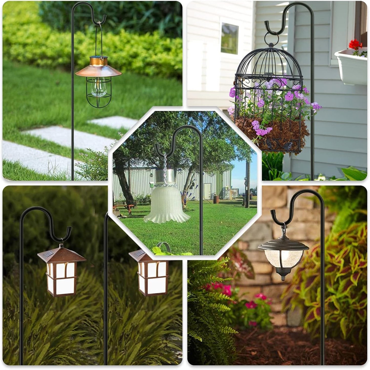 Shepherds Hooks for Outdoor, 48 Inches Garden Bird Feeder Pole for Hanging Bird Feeder, Plant Baskets, Solar Light Lanterns, Outdoor Plant Hanger Hook with 5 Base Prongs, 2 Packs