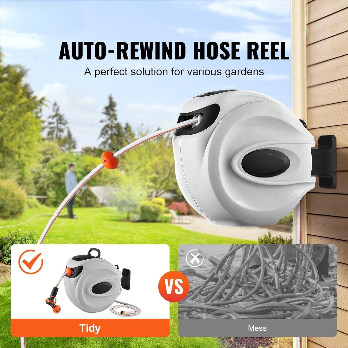 65' x 5/8" Retractable Hose Reel Wall-Mounted with 180° Swivel–Heavy-Duty Automatic Water Hose Storage for Garden,Yard,and Outdoor Use
