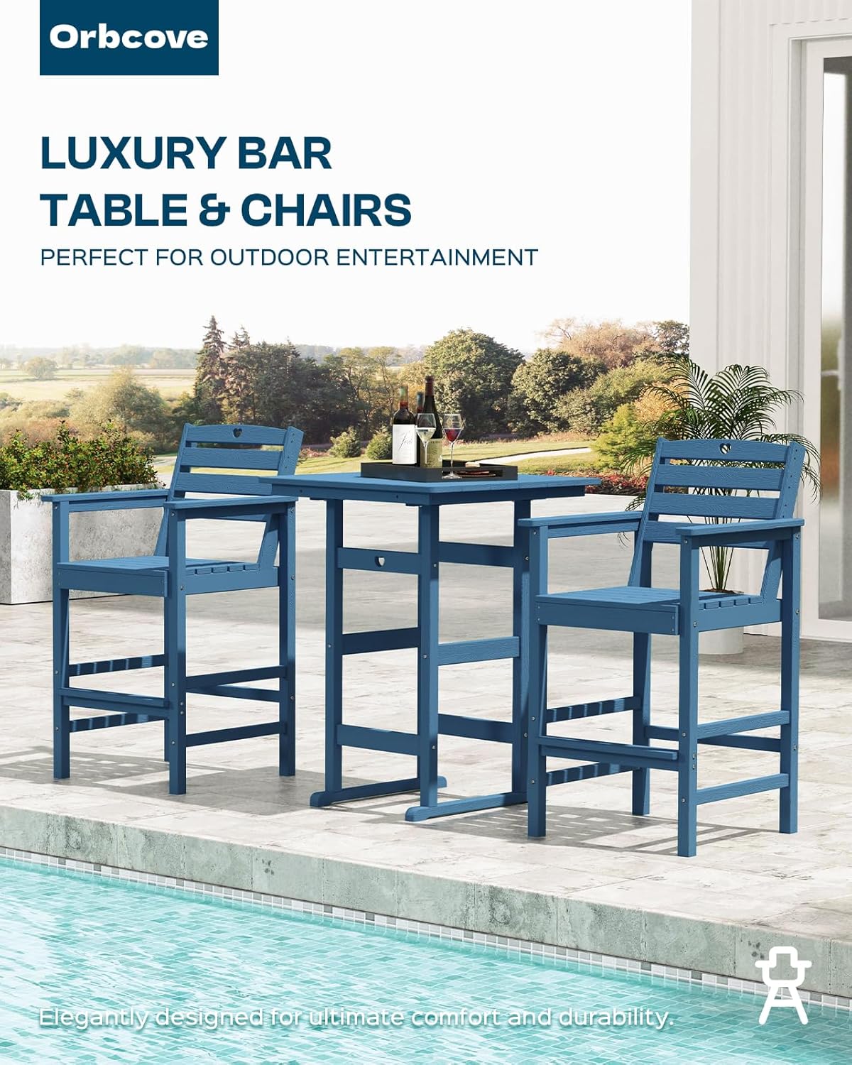 Tall Adirondack Chairs Set of 2, HDPE Wood Balcony Adirondack Chairs Set with Heart Cutout Design, Weather-Resistant Bar Height Furniture for Deck, Porch, Pool (Navy Blue)