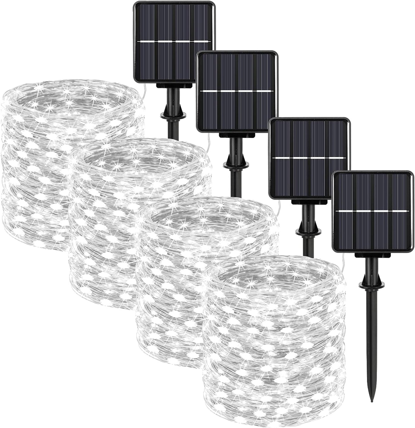 Extra-Long 288FT 800LED Solar Fairy String Lights, 4-Pack 72FT 200 LED Outdoor Twinkle Lights Waterproof 8 Lighting Modes Cool White Silver Wire Lights for Deck Backyard Tree Garden Fence Pool Party