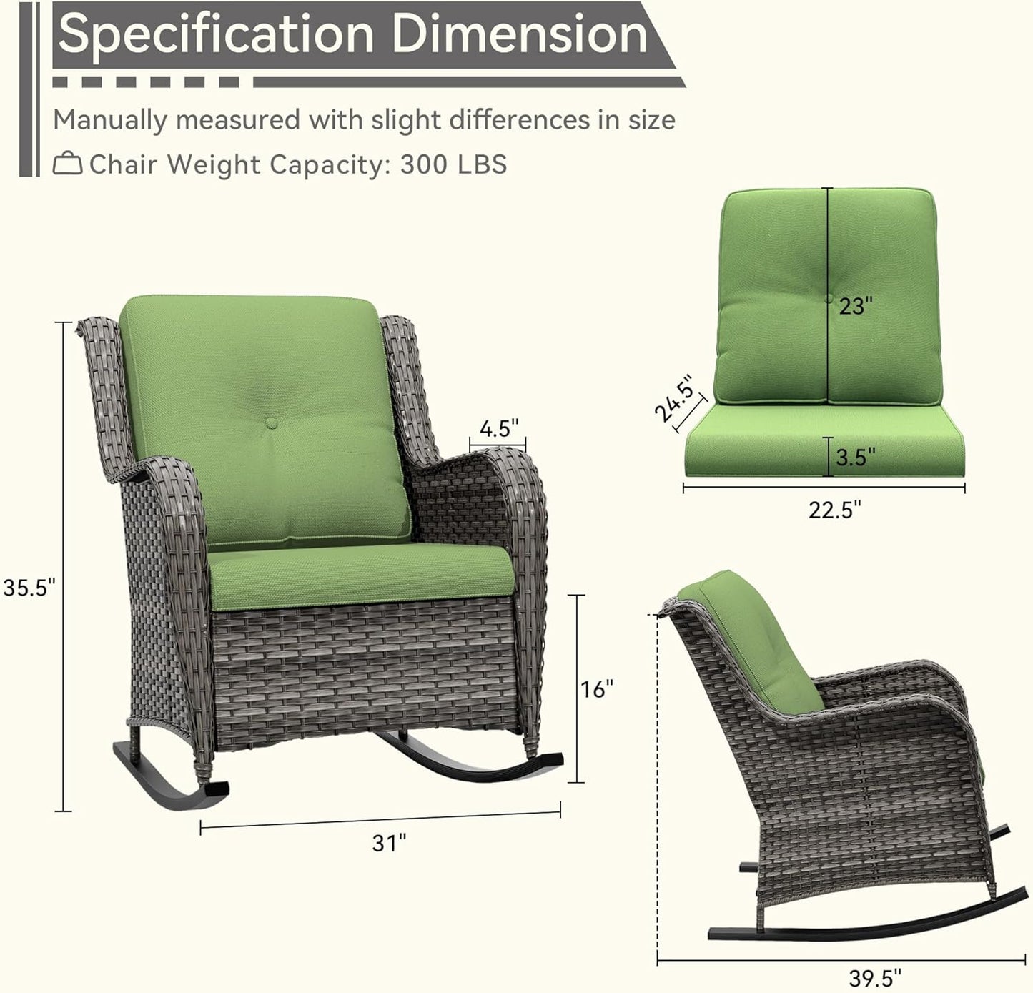 1 PC Outdoor Rocking Chair, Wicker Patio Rocker Chair for Yard, Porch, Mixed Brown Grey Rattan, Green Cushions