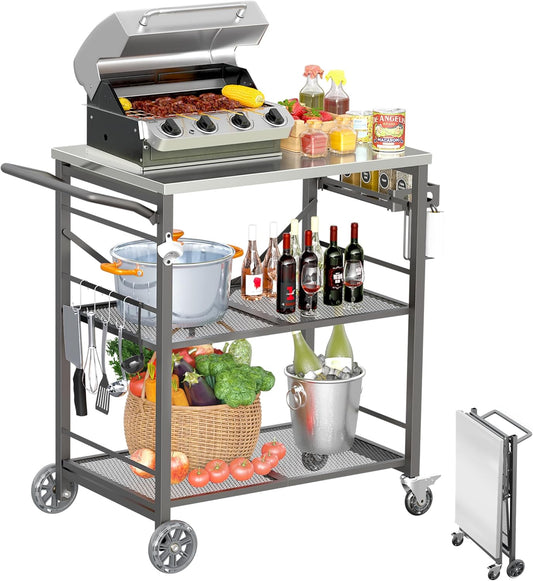 Ciokea Folding Outdoor Grill Cart with Wheels, 3-Shelf Grill Table with 27x18 in Stainless Steel Top, Rolling Pizza Oven Stand, Metal Portable Cart for BBQ Patio Camping (Grey)