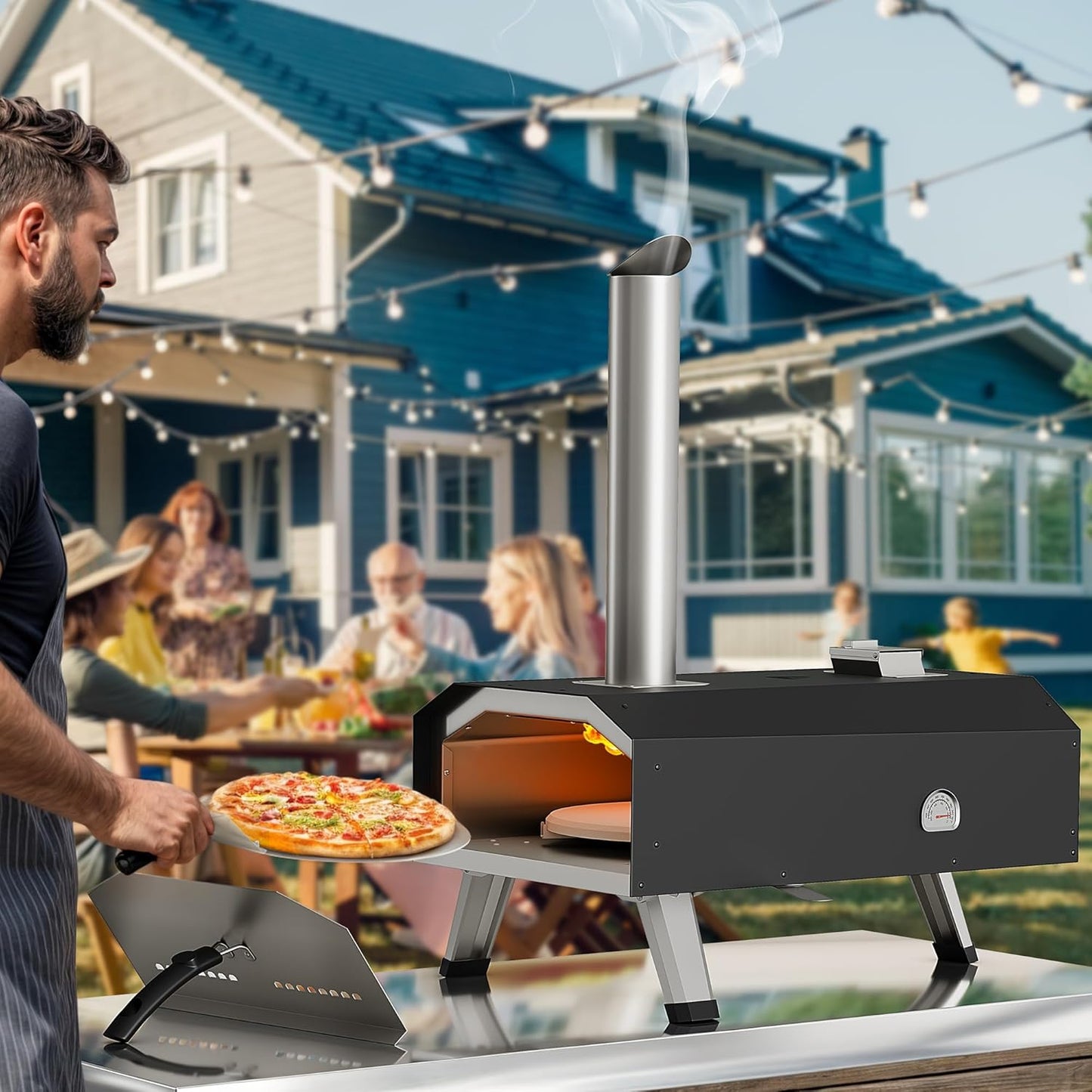 YTIAHOME Outdoor Wood Pellet Pizza Oven with Rotating, 12" Wood Fired Pizza Oven with Built-in Thermometer, Outside Pizza Stove with Peel, Stone and Recipes for Backyard Camp