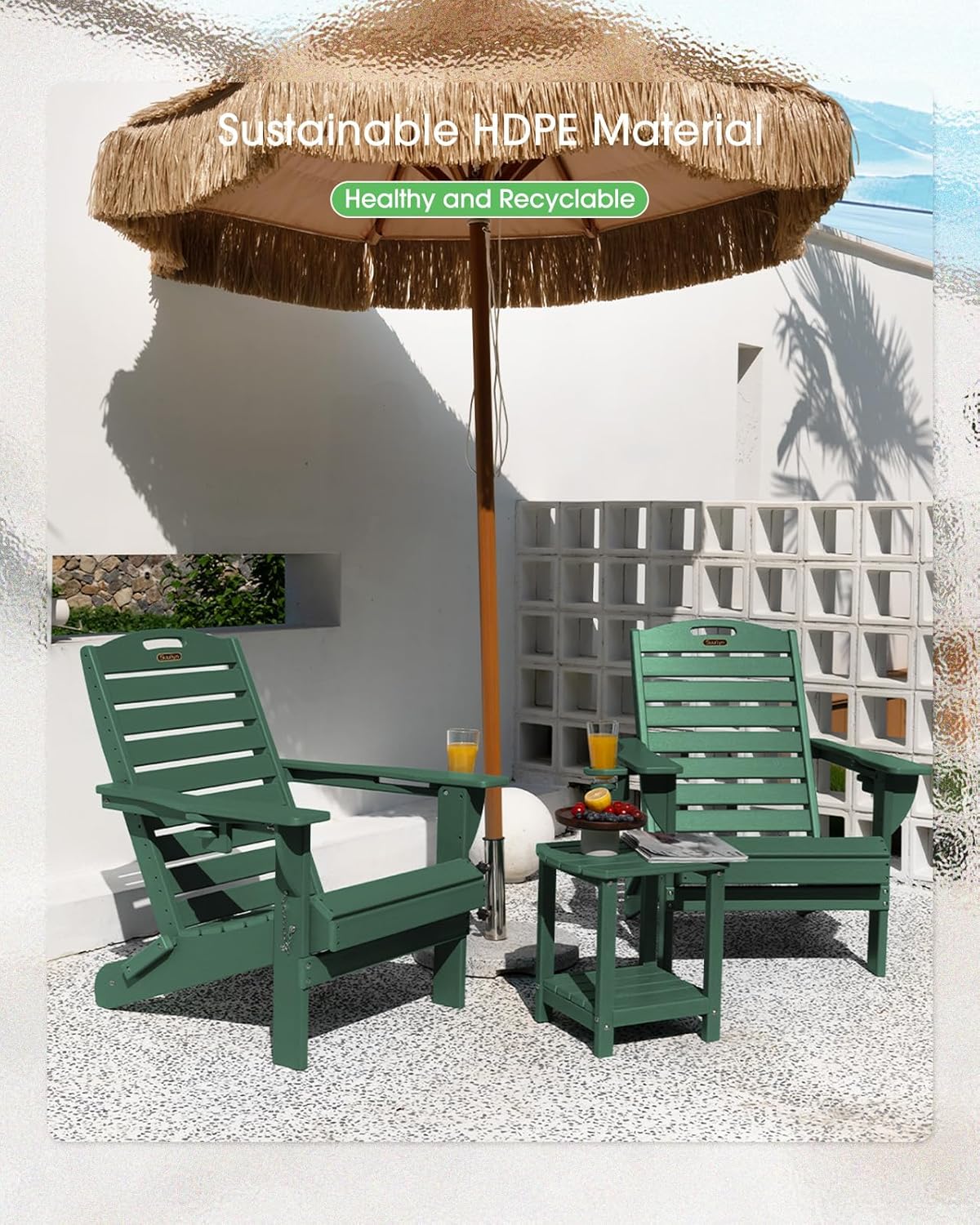 Folding Adirondack Chair HDPE All-Weather Adirondack Chairs with Cup Holder, Outdoor Fire Pit Chairs Lawn Chair for Deck Patio Garden (Green)