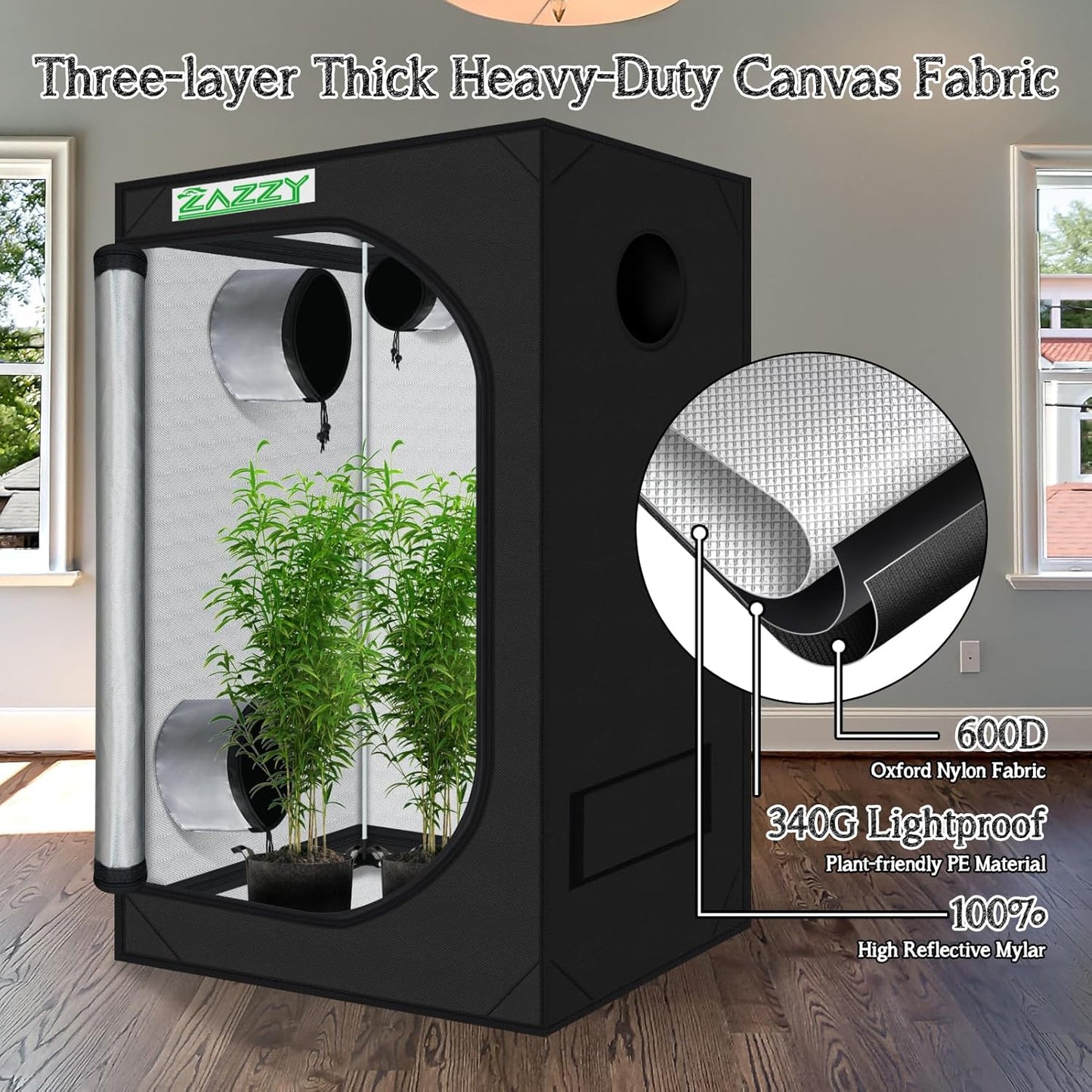 zazzy Grow Tent, 24"x36"x60" Hydroponic Grow Room Reflective Mylar Grow Tent with Window & Floor Tray for Indoor Plant Growing