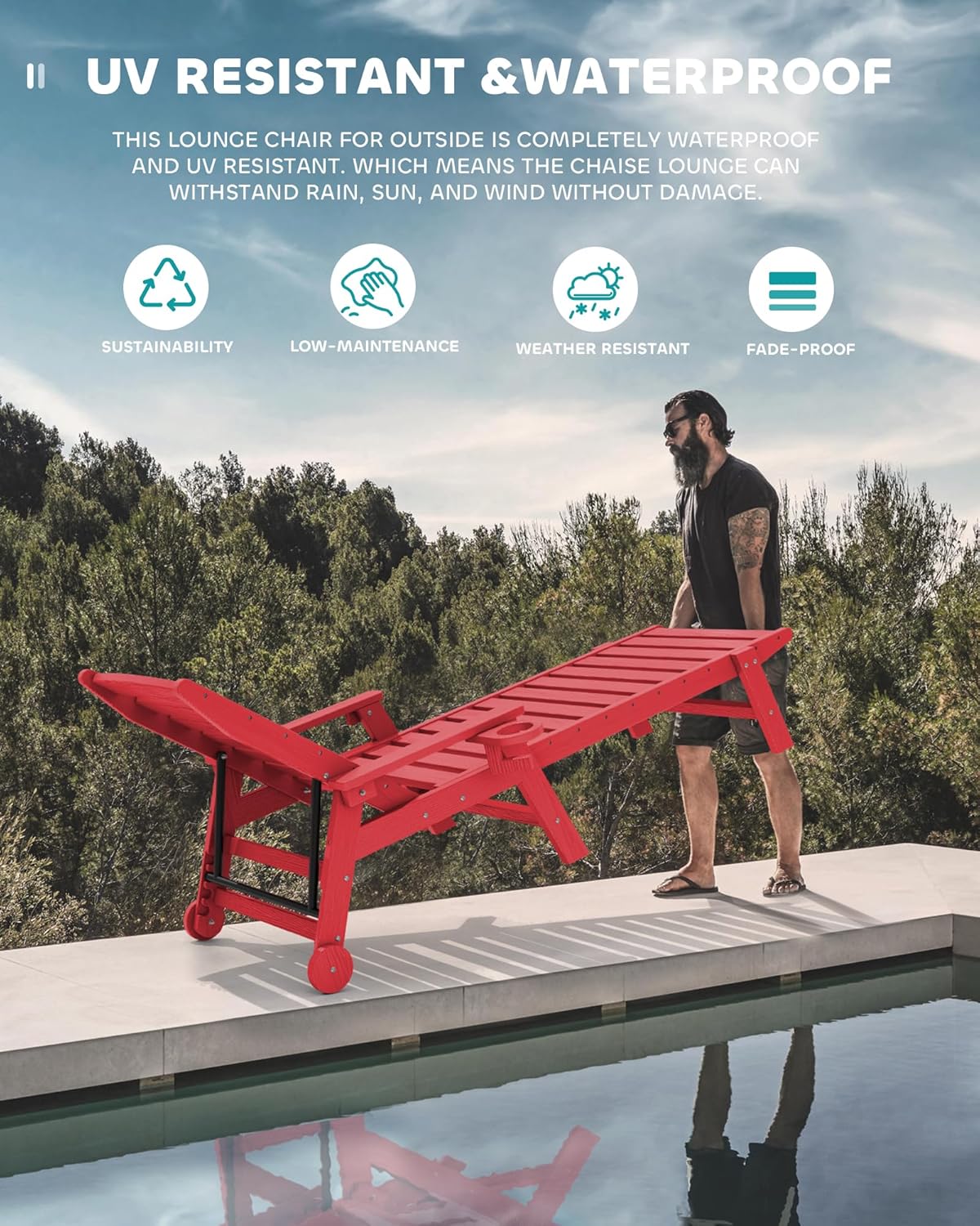 SERWALL Patio Chaise Lounge Chair, 78'' Long HDPE 5 Positions Adjustable Outdoor Lounger, Poly Lounge Chair with Rolling Wheels & Cup Holder for Pool, Bright Red
