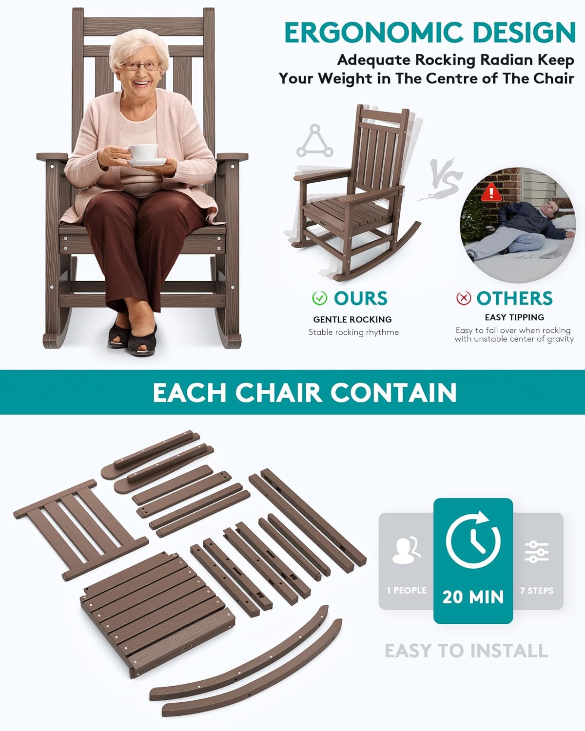 SERWALL HDPE Outdoor Rocking Chair Set of 2, Oversized Rocking Chairs, All Weather Resistant Outdoor Rockers for Lawn, Wooden