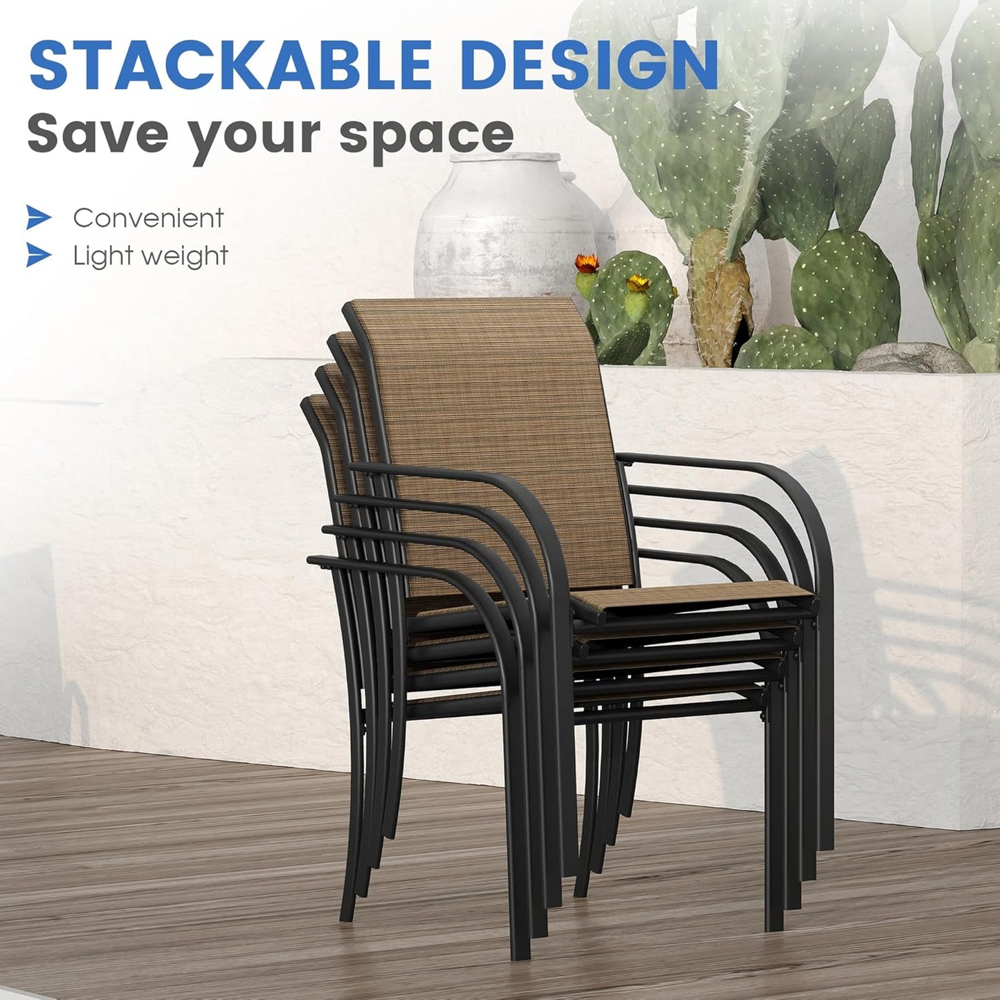 VICLLAX Patio Dining Set for 8, Outdoor Furniture Set Includes 53" Round Patio Table and 8 Patio Sling Chairs, Walnut Wood-Like Tabletop and Brown Fabric