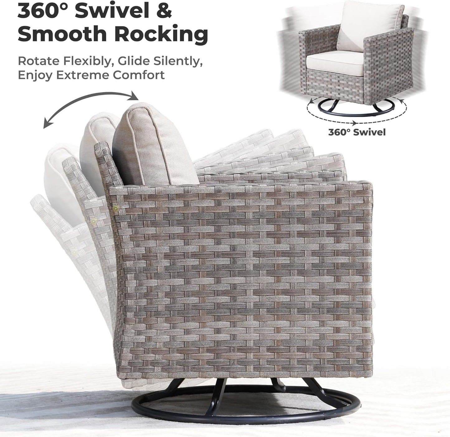 ovios 9 Pieces Patio Furniture Set, Outdoor Wicker Sectional Sofa with 42" Firepit Table Swivel Chair, Modern Modular Deep Seat Rattan Couch Conversation Sets, Beige