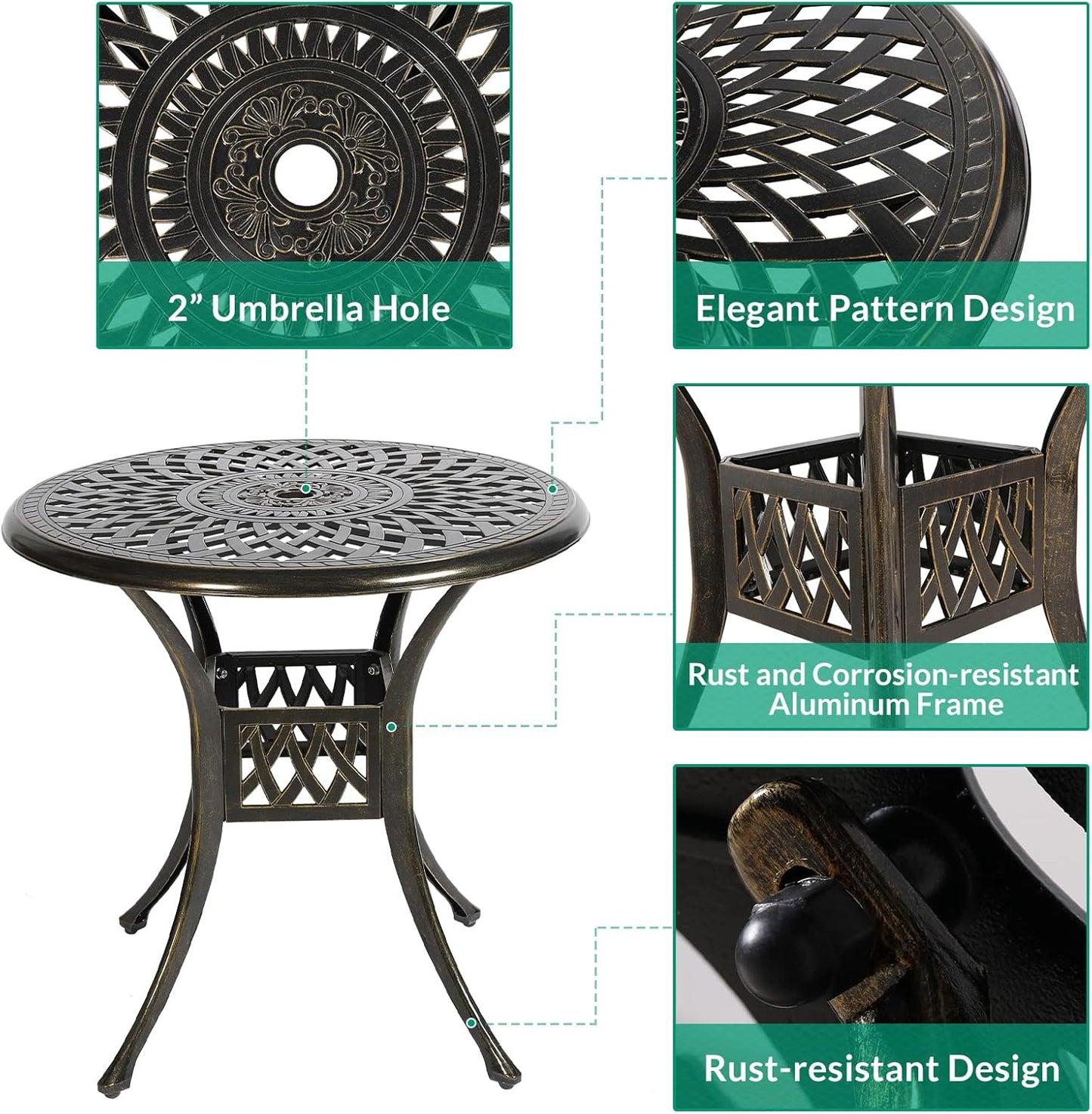 VIVIJASON 3-Piece Patio Furniture Dining Set, All-Weather Cast Aluminum Outdoor Bistro Set, Include 2 Chairs, 2 Cushions and 31" Round Table w/Umbrella Hole for Balcony, Backyard, Navy Blue Cushion
