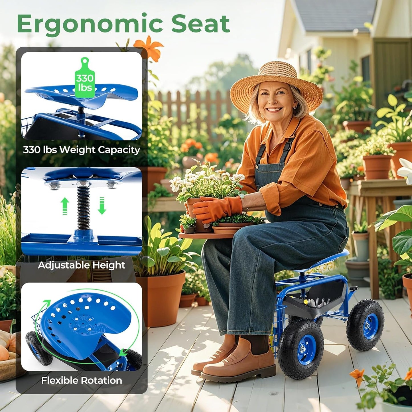 S AFSTAR Rolling Garden Cart, Wagon Scooter with 360° Swivel Seat, Storage Tray, Basket & Rubber Wheels, Heavy-Duty Gardening Tool Cart for Weeding, Patio & Yard (Blue)