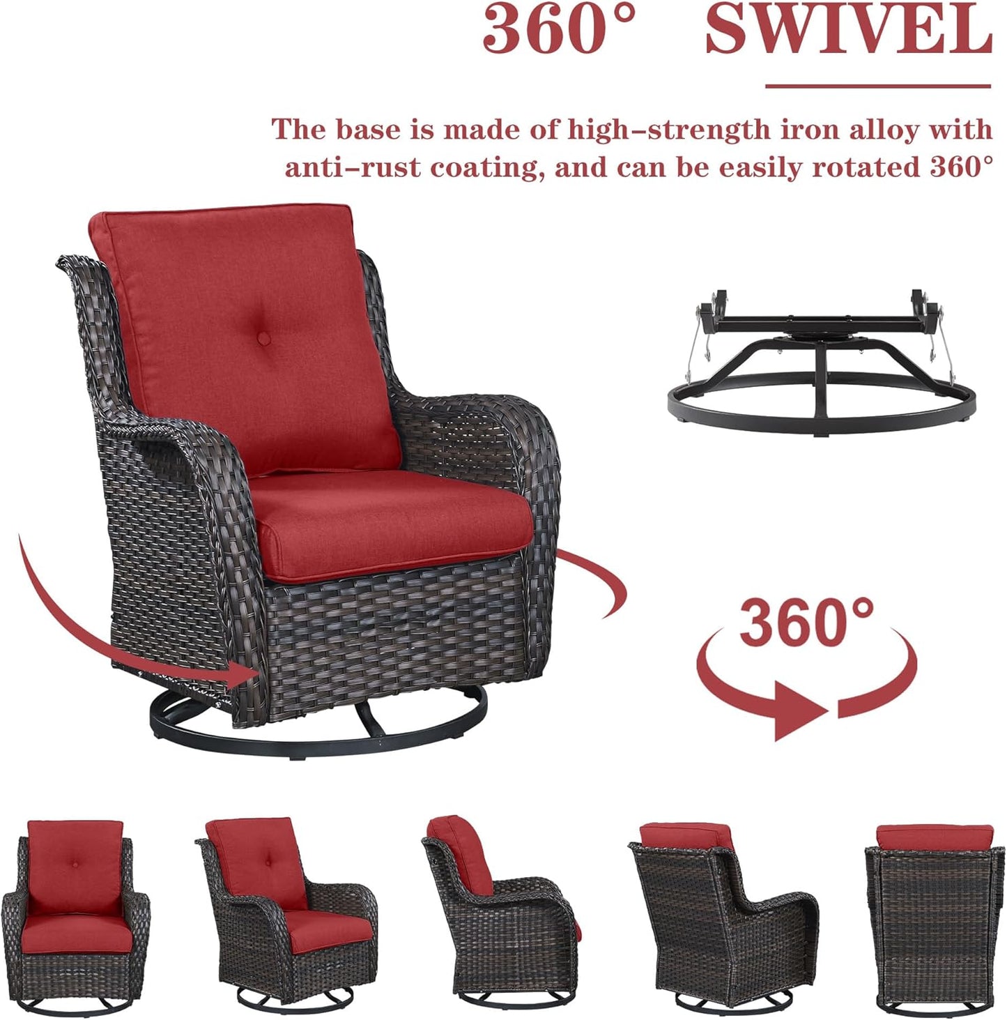 Outdoor Swivel Rocker Patio Chairs - 360 Degree Swivel Glider Seating Wicker Rocking Chairs Set of 2 with High Back Deep Seat for Porch Balcony Deck, Brown/Red