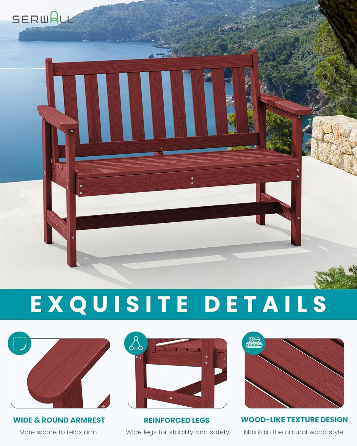 SERWALL Outdoor Bench, HDPE Outdoor Benches Weatherproof, 2-Person Garden Bench with 660 lbs Weight Capacity, Patio Benches for Outdoors, Garden, Porch, Backyard and Park, Red, 2 Pack