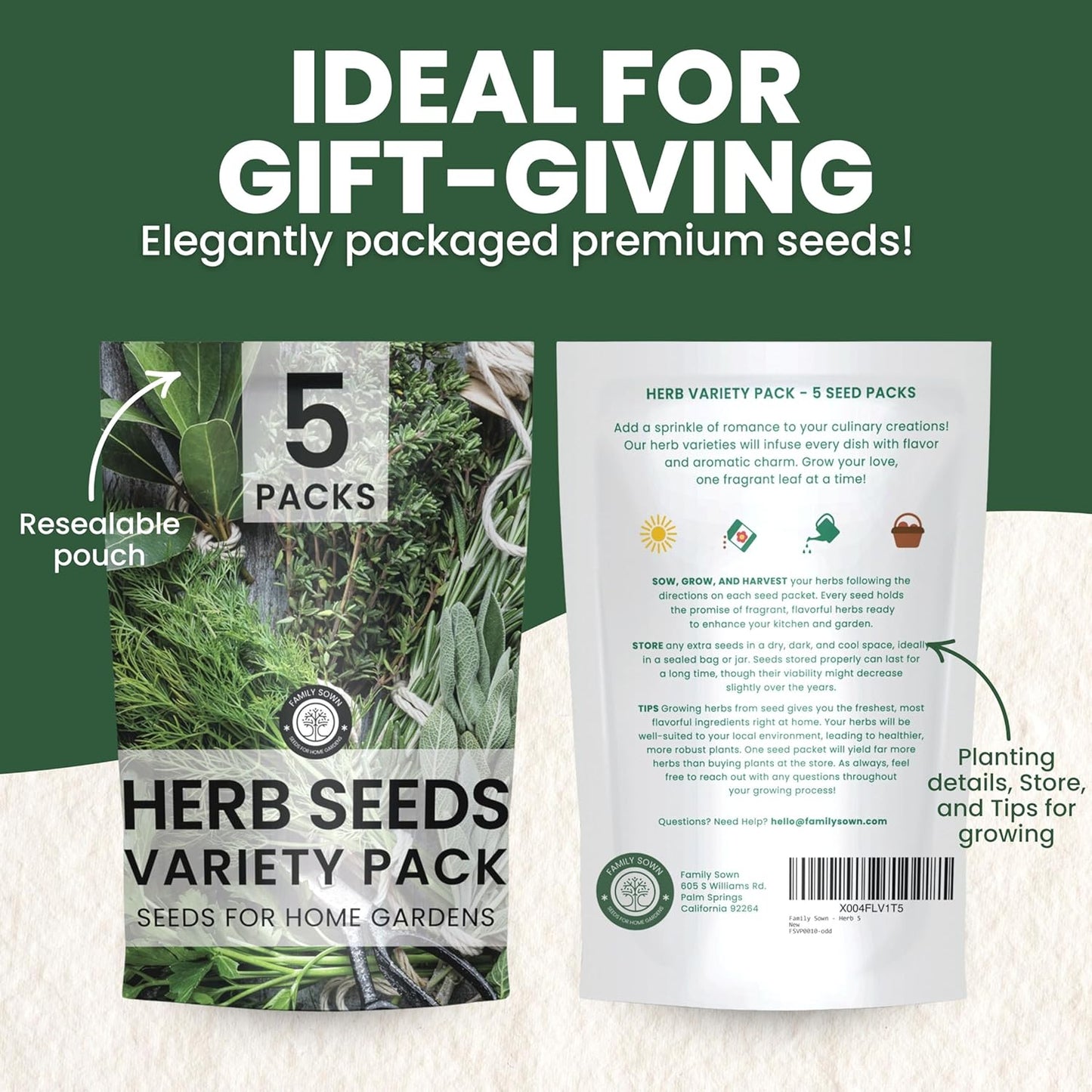 Herb Seeds | 5 Invidiual Packs | 2025 Season | Non-GMO | Basil, Dill, Mint, Parsley & Thyme! | for Planting Indoor & Outdoor | by Family Sown