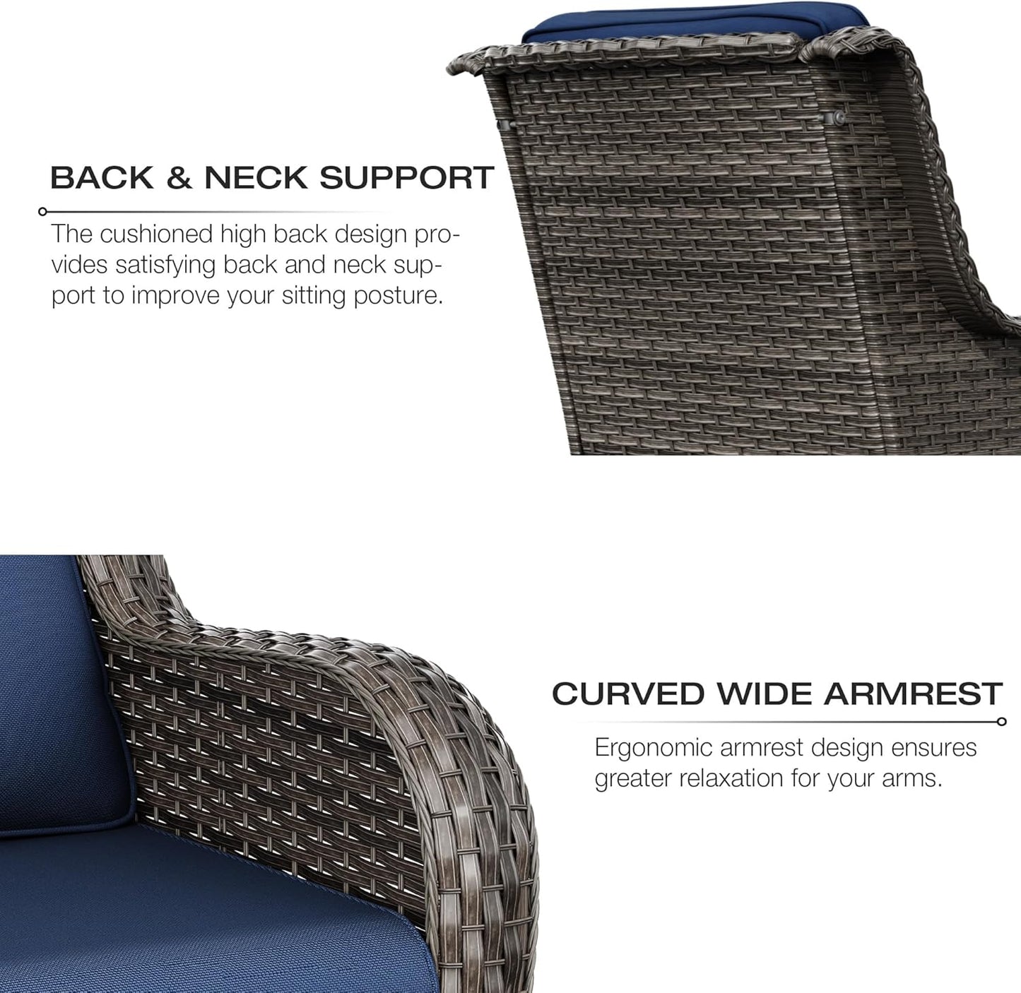 Joyside 5 Piece Outdoor Patio Furniture Set Wicker Conversation Bistro Set Swivel Rocking Chairs with Side Table and Ottomans for Backyard, Porch, Deck(Mixed Grey/Blue)