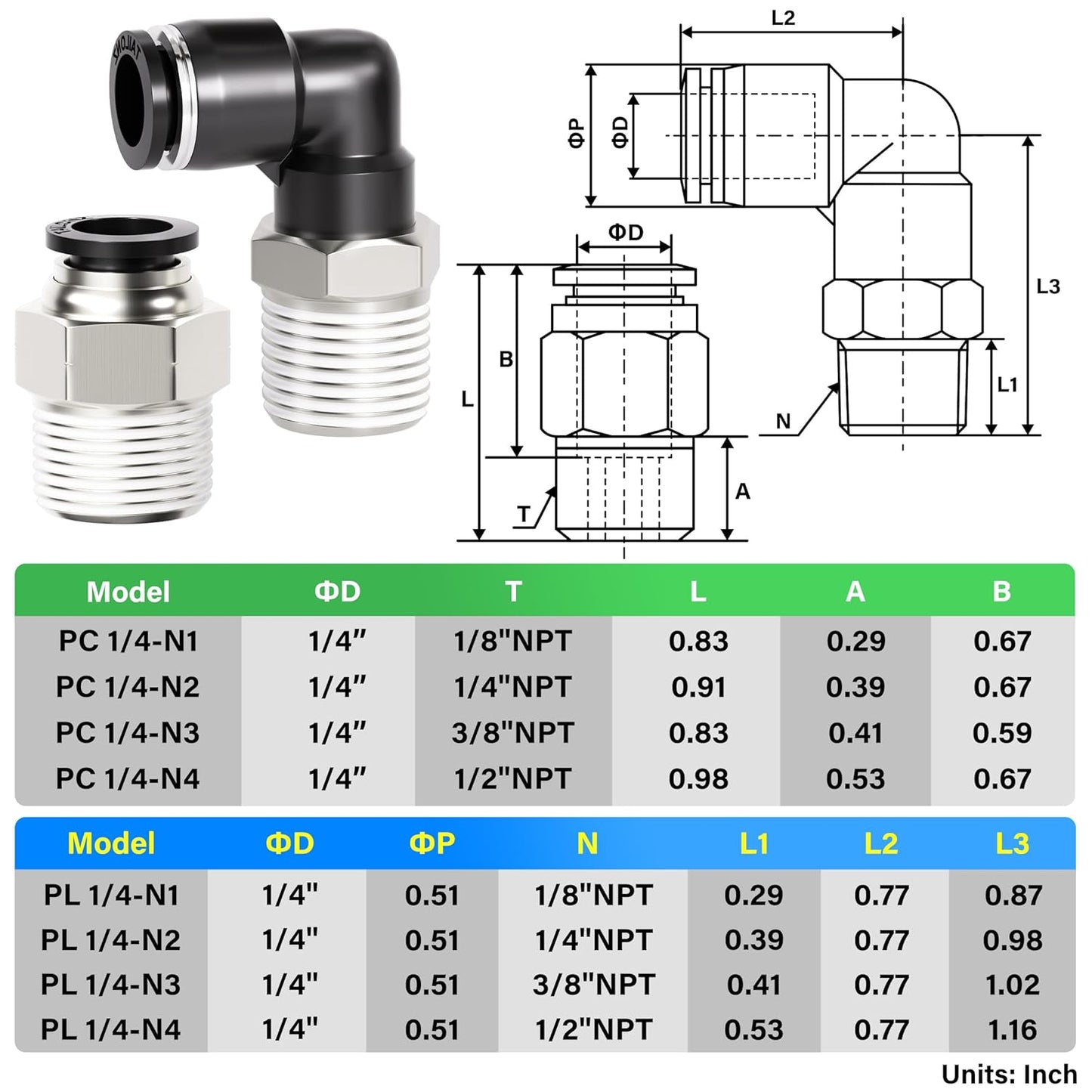 TAILONZ PNEUMATIC Elbow and Straight Combination 1/4 Inch Tube OD x 1/2 Inch NPT Thread Push to Connect Fittings PC-1/4-N4+PL-1/4-N4(Pack of 4)