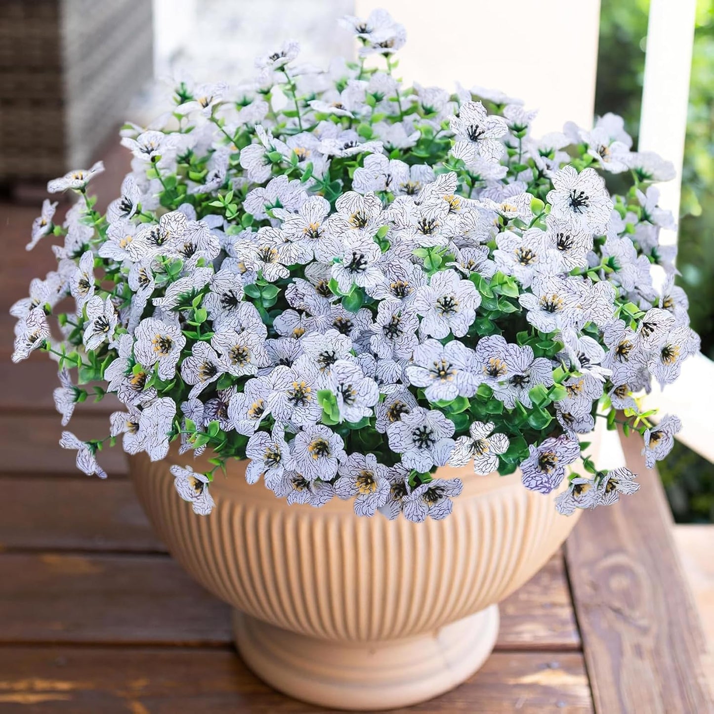 Artificial Flowers for Outdoor Indoor Garden Home Decoration, Faux Flower Daisy with Eucalyptus Leaves Fake Plants Greenery Boxwood Porch Patio, 12 Bundles (Creamy White)