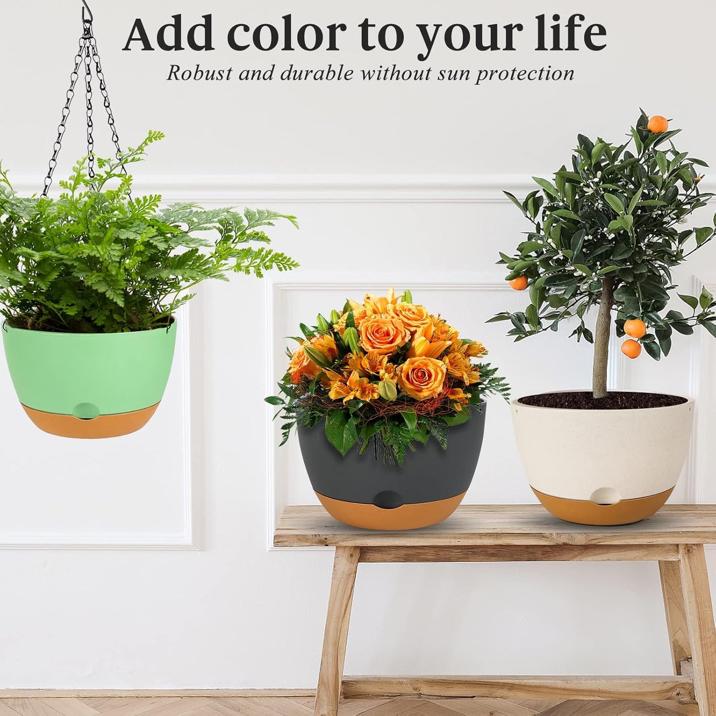 Bevgems 3 Pack 8.26 Inch Hanging Planters, Plastic Self-Watering Hanging Flower Plant Pot, Decorative Flower Pot Holder with Drainage Holes & Removable Tray for Indoor Outdoor Plants,Flowers, Herbs