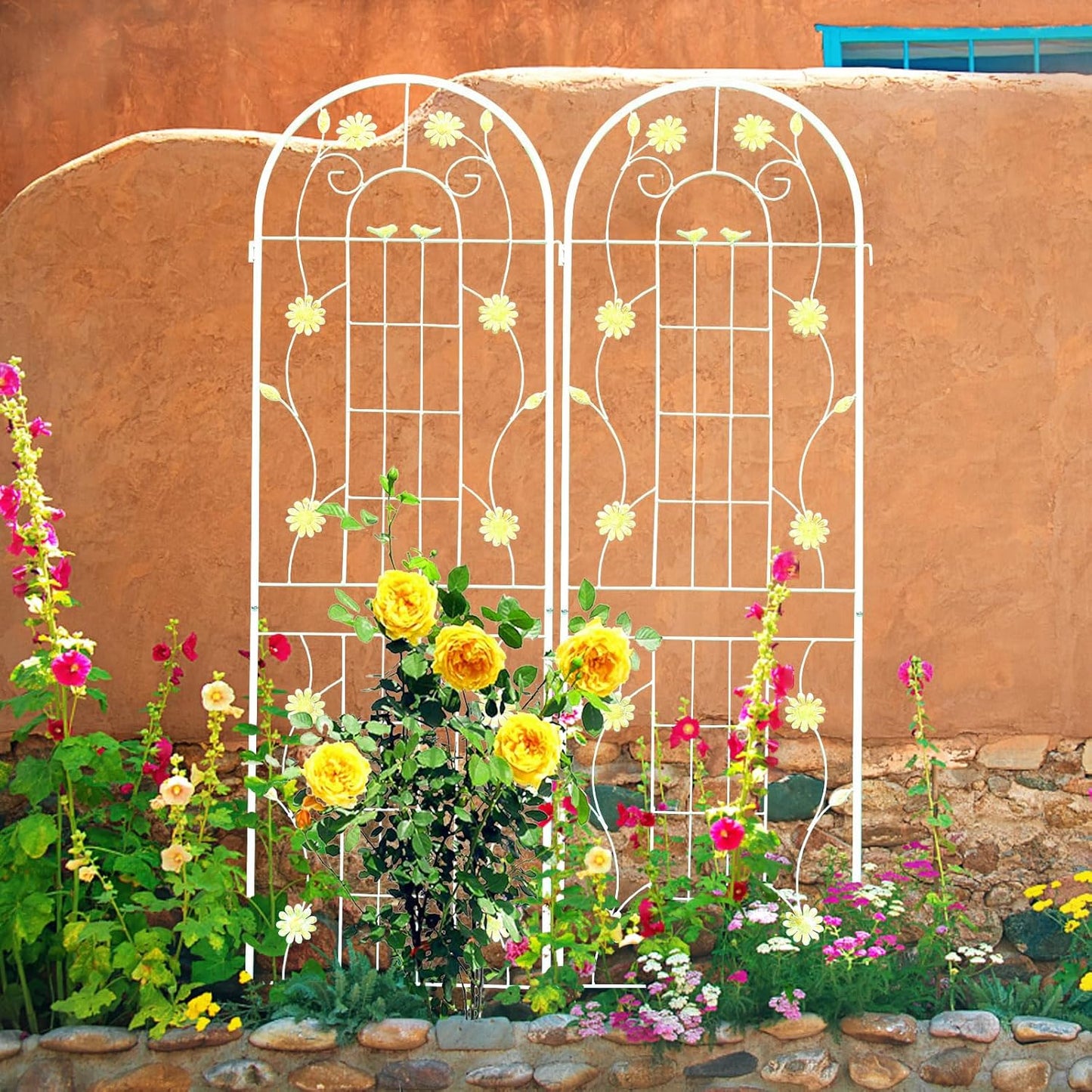 2 Pack Metal Garden Trellis for Climbing Plants 71" H Cream White Garden Fence Rustproof Trellis Support Roses Flower Outdoor Lawn, Cream White