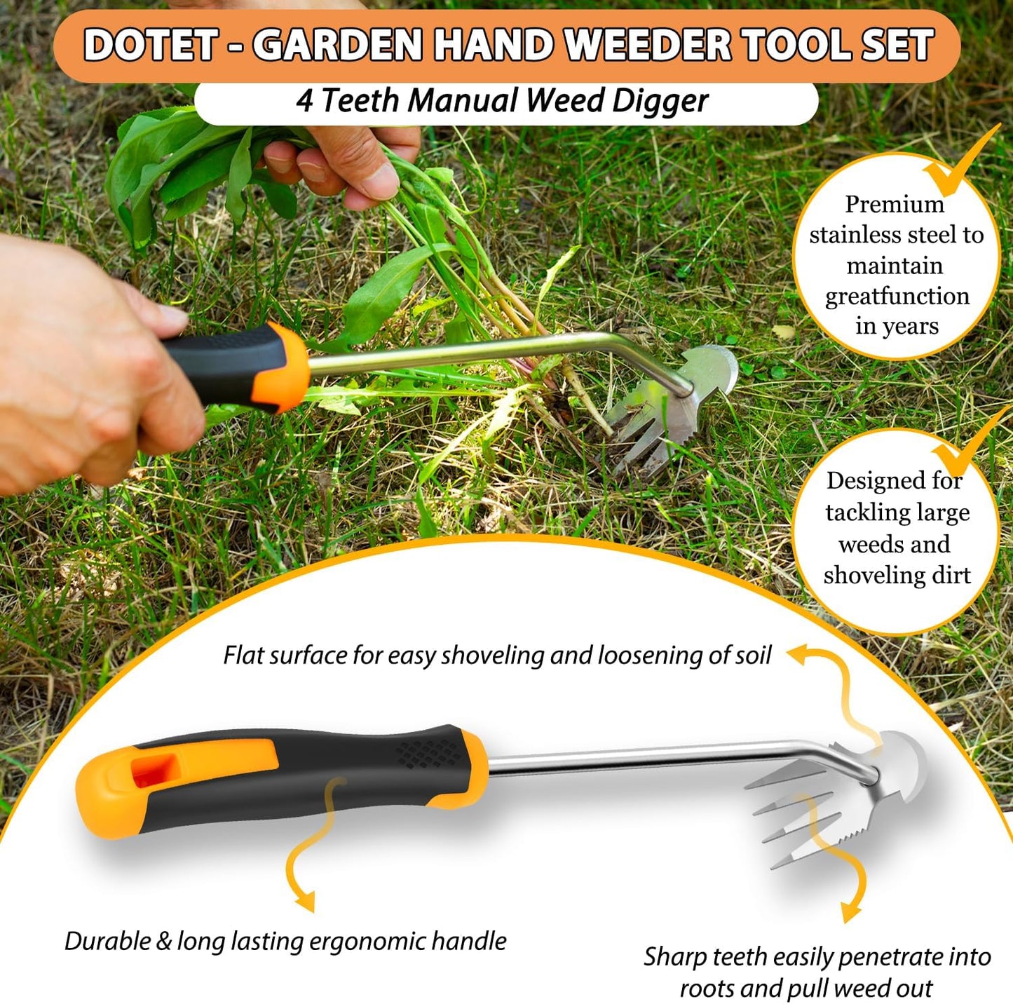 Garden Uprooting Weeding Tools - 3 Pack Hand Held Weeder Puller Tool Set, Rubber Handle, Weed Remover for Garden Farm Weeding