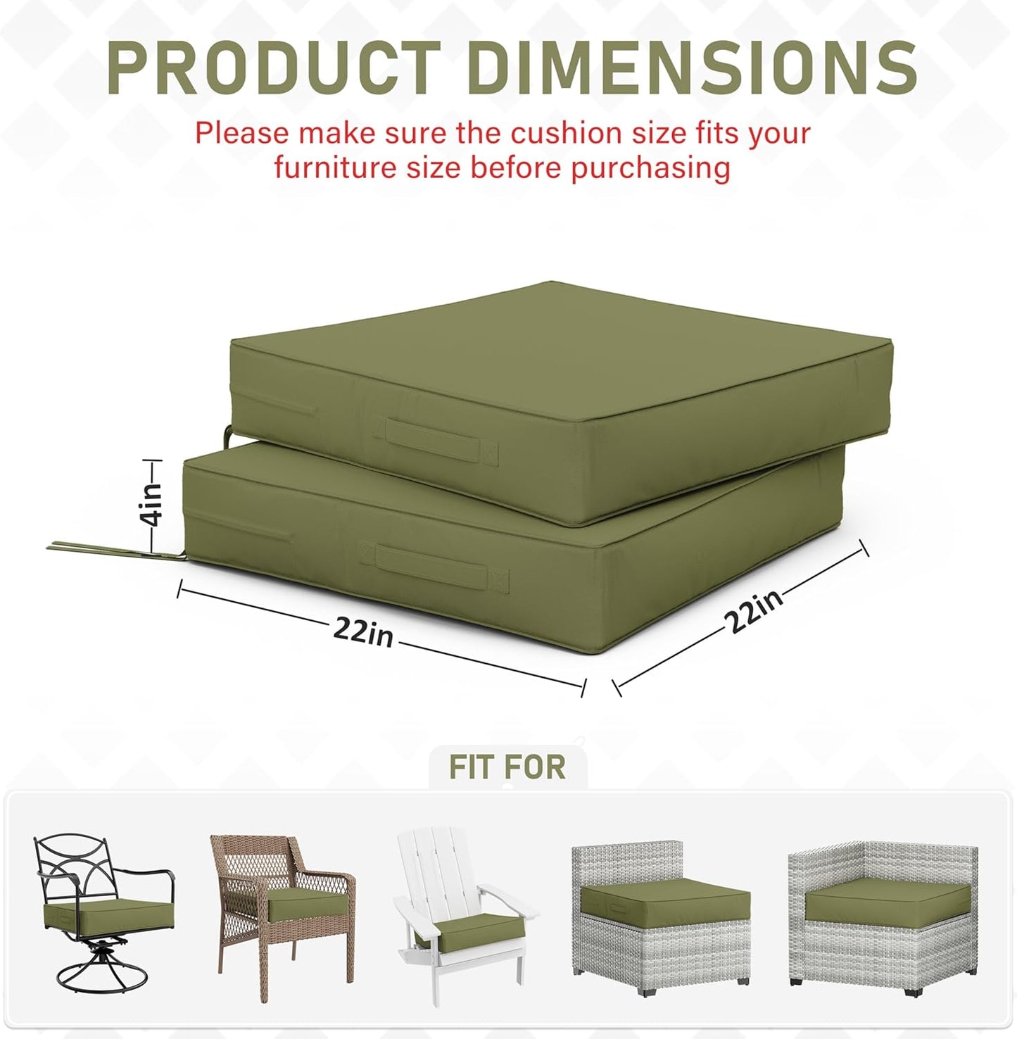 Patio Chair Cushions 22 X 22 X 4 Inch Waterproof Outdoor Seat Cushions for Patio Furniture, Outdoor Sofa Couch Pads with Ties & Handle, Set of 2, Light Green