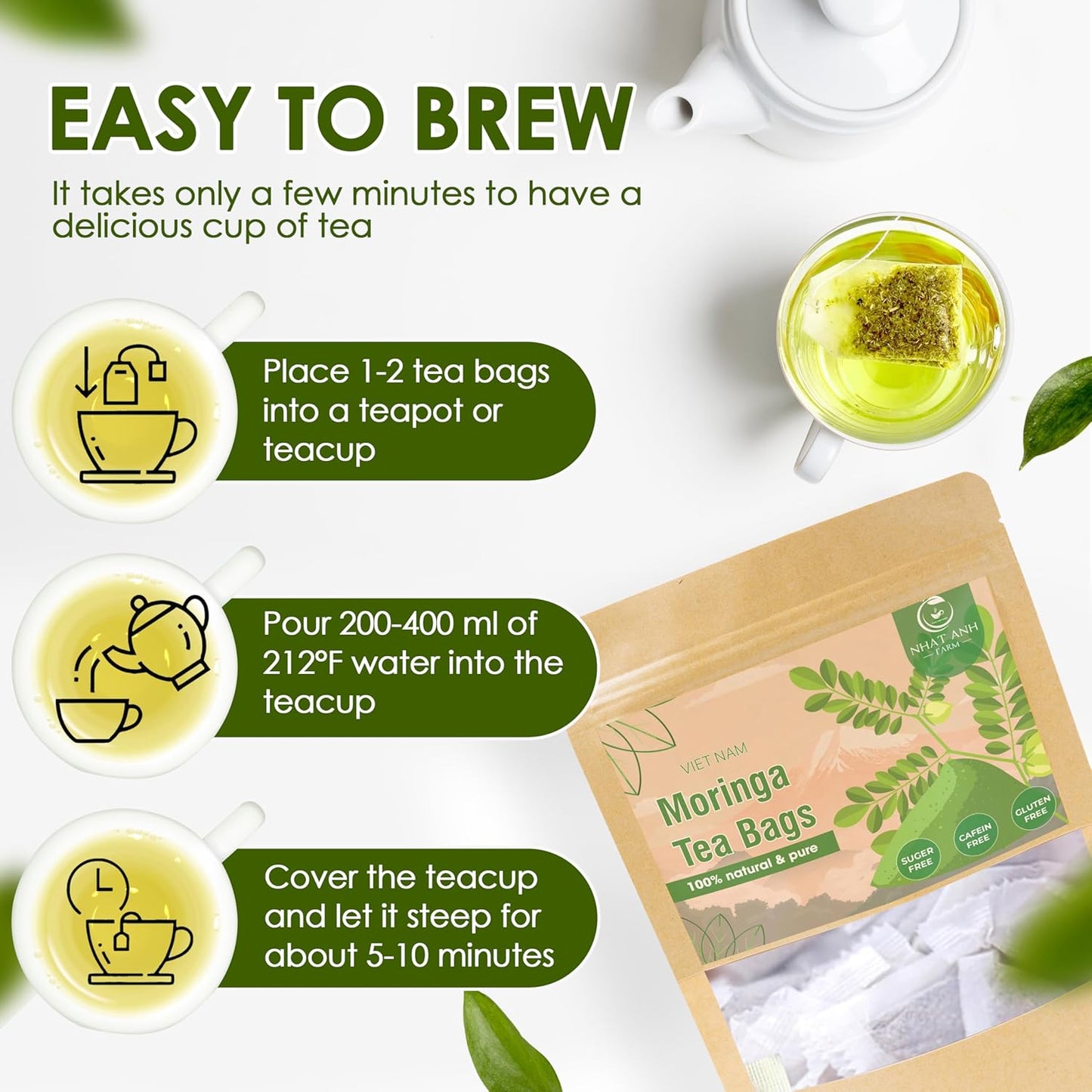 NHAT ANH FARM - Premium Moringa Tea Bags, 40 Tea Bags, 100% Natural Dried Moringa Leaves, Naturally Sweet Herbal Tea, Sugar-Free, Caffeine-Free, No Additives