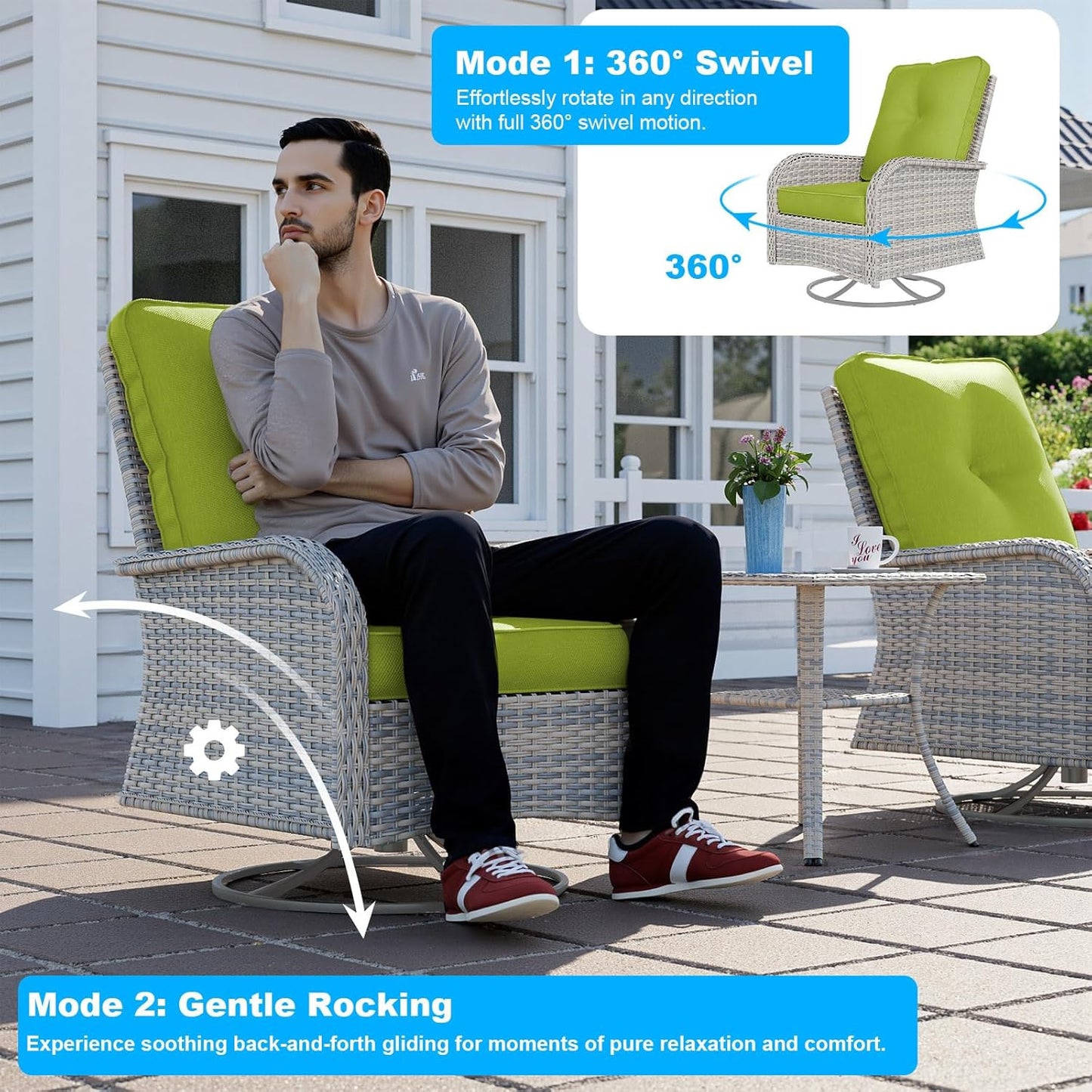 11-Piece Patio Furniture Set, Outdoor Patio Furniture with 55,000 BTU Fire Pit Table, Swivel Chairs Set, Thick Cushions, Modular Patio Sofa, Dual-Strand Rattan, Rust-Resistant Frame, Grass Green