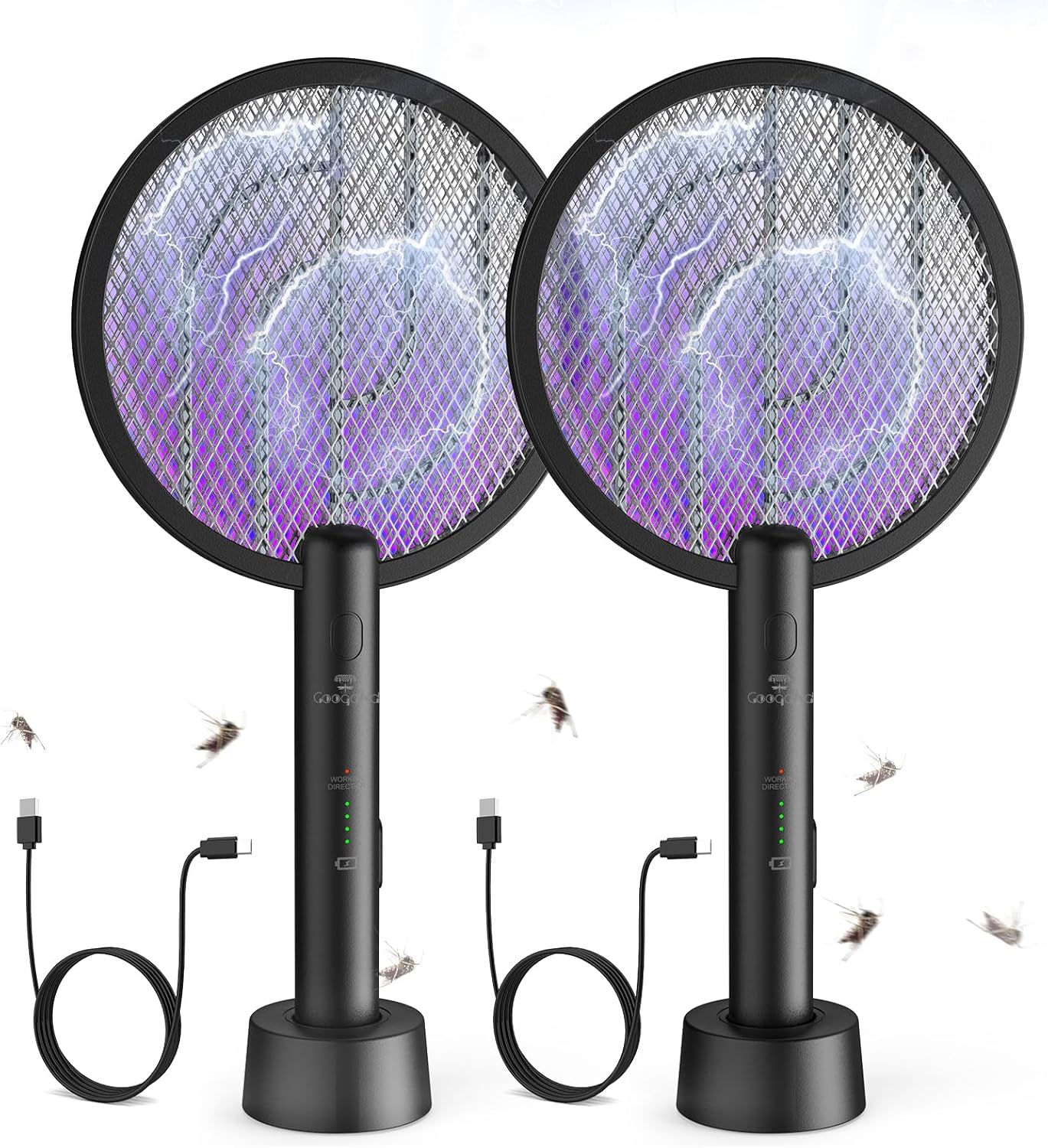 Bug Zapper Racket, 2 in 1 Fly Swatter USB Rechargeable, 4000V Electric Fly Zapper with 3 Layer Safety Mesh，Electric Racket for Kitchen, Home, Garden and Outdoors(2 Pack