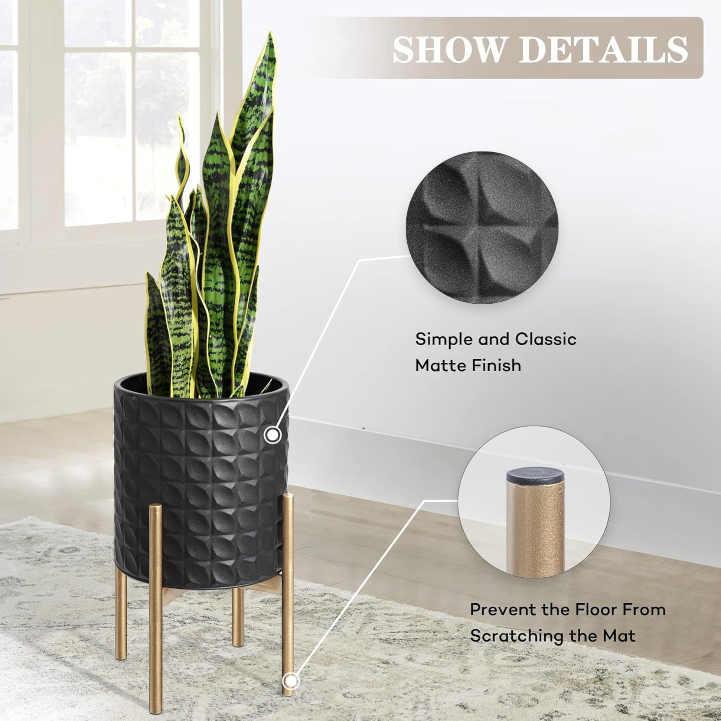Oakrain Planters for Indoor Plants, Set of 2 Decorative Metal Planter Pots, Mid Century Modern Planter with Stand for Living Room, Office, Garden or Balcony, Black, 8"&10"