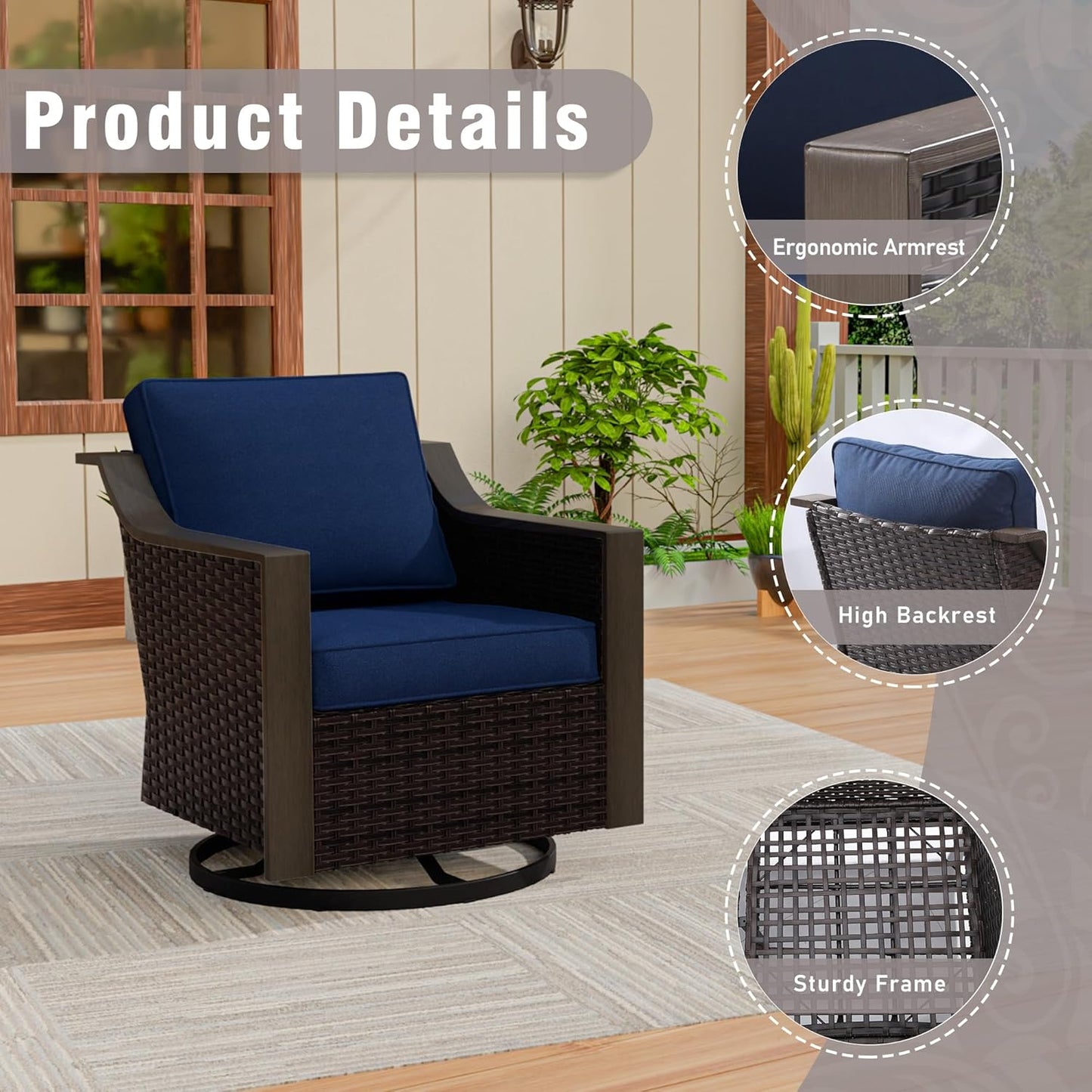 7 PCS Wicker Patio Conversation Set, All-Weather Use Outdoor 2 PE Rattan Swivel Chair, 2 PE Rattan Chair, 2 Ottoman, 1 Patio Sofa, Removable Water-Resistant Cushion, Blue