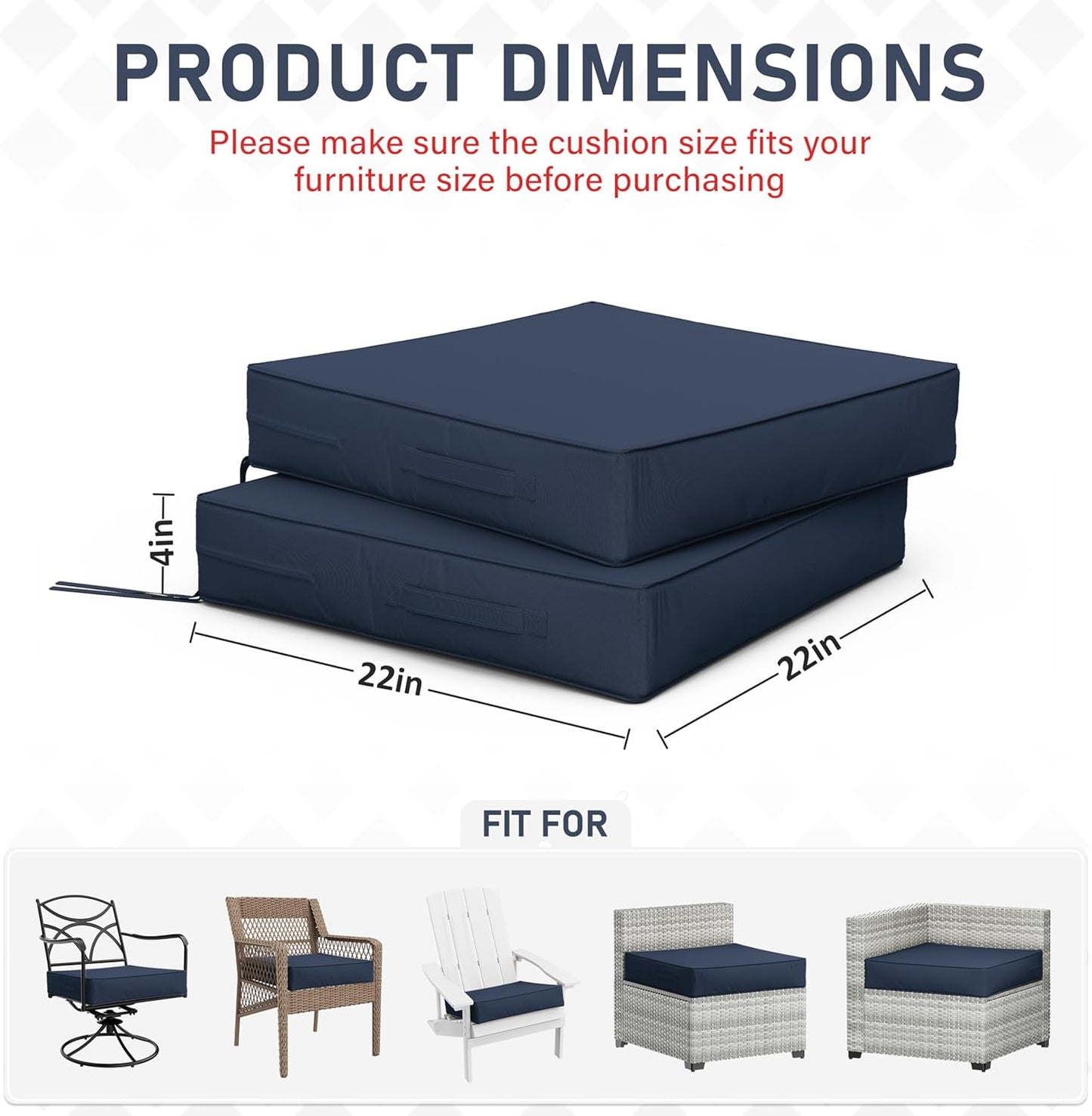Patio Chair Cushions 22 X 22 X 4 Inch Waterproof Outdoor Seat Cushions for Patio Furniture, Outdoor Sofa Couch Pads with Ties & Handle, Set of 2, Navy Blue