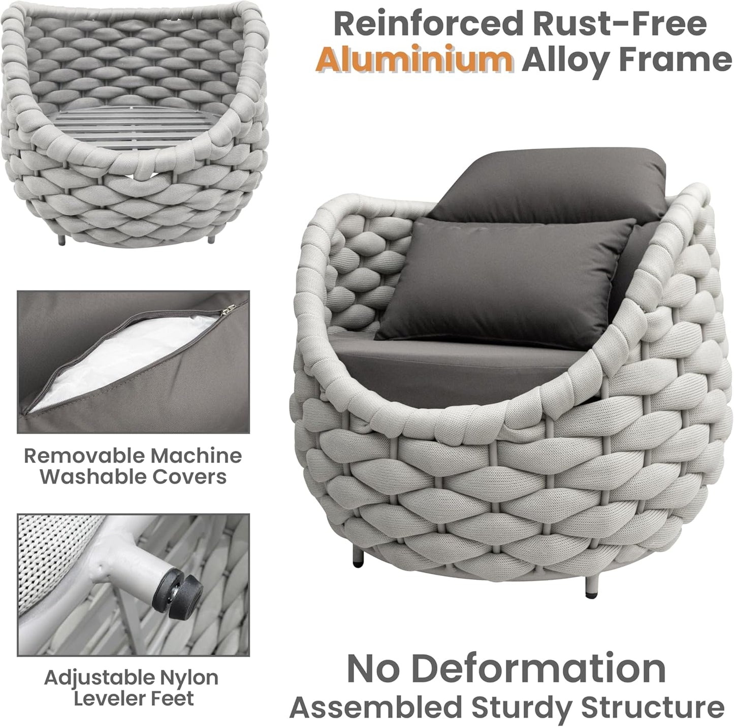 Lanai Outdoor Furniture Set: 6-Piece Aluminum Woven Rope Patio Conversation Sofa Set w/Table - Modern Cushions Couch Set - No Assembly Metal Porch Seating for Deck Yard Garden Pool Hotel Resort