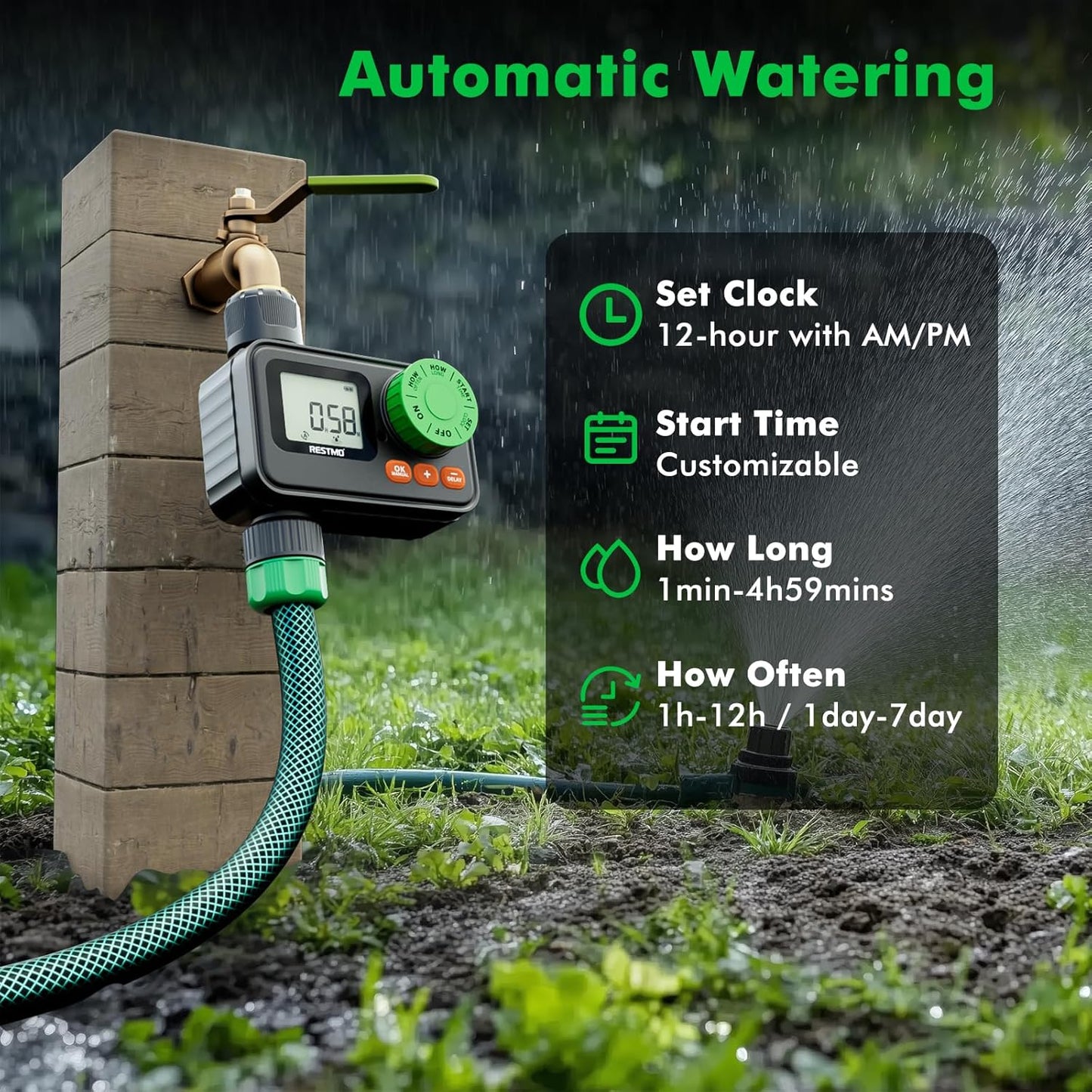 [2 Pack] RESTMO Sprinkler Timer, Programmable Water Timer for Garden Hose, Automatic Digital Control | Manual ON/Off | Rain Delay for Outdoor Faucet, Drip Irrigation and Lawn Watering System