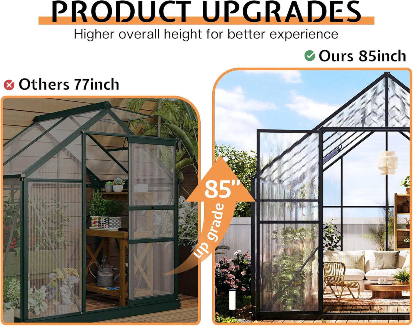 Jocisland 8x8x7 FT Polycarbonate Greenhouse for Outdoors with 2 Windows, Dual Swing Doors, Aluminum Walk-in Frame, Heavy Duty Garden Greenhouse for Backyard, Black