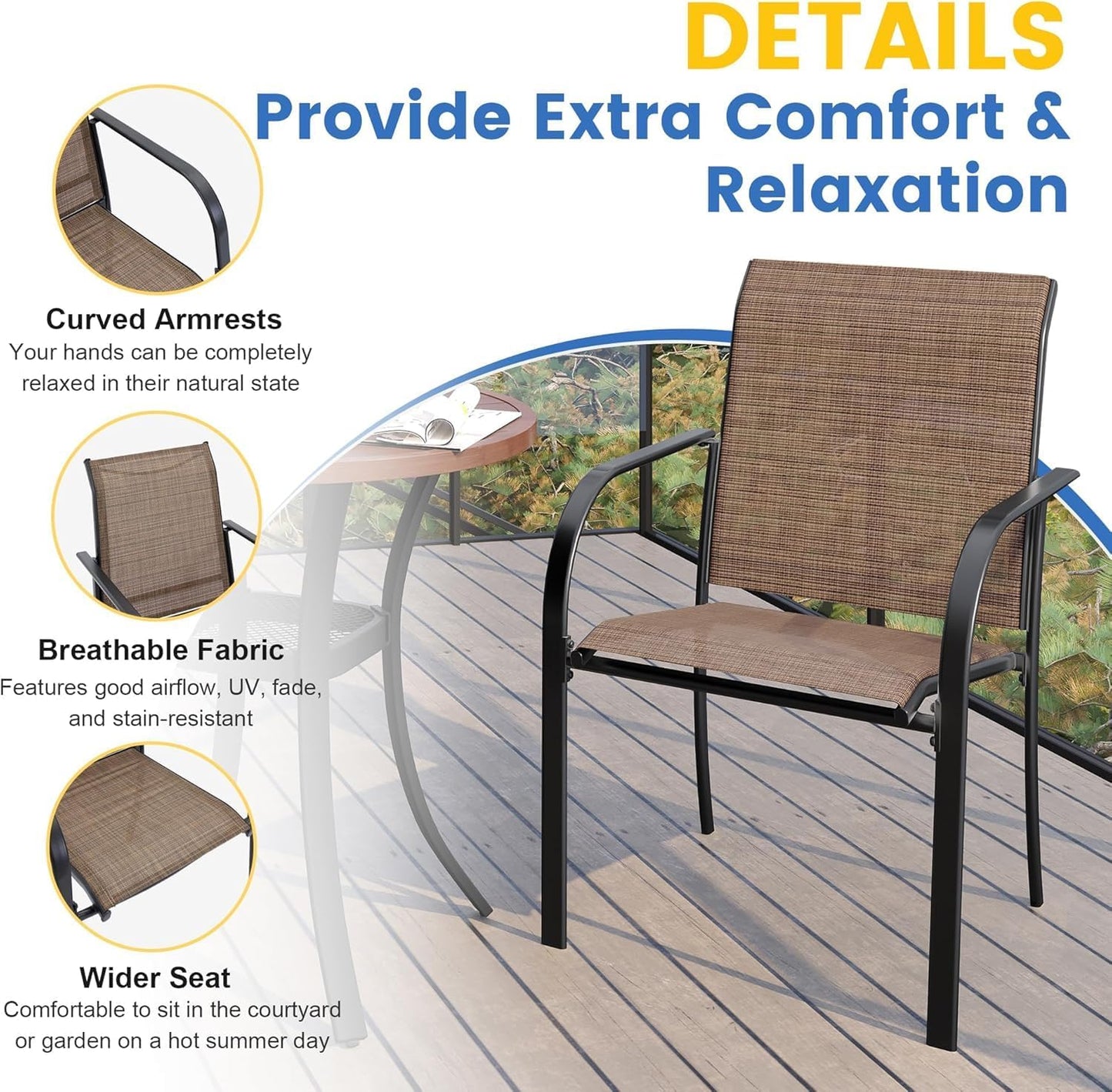 VICLLAX 5 Pieces Patio Dining Set for 4, Outdoor Furniture Set Includes 40.7" Round Patio Table and 4 Patio Stackable Chairs, Black Tabletop and Brown Fabric