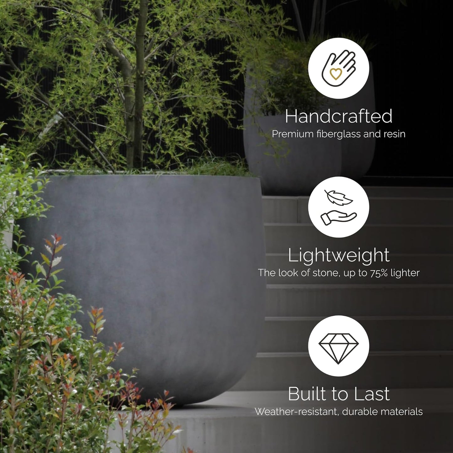 Mondo Large Planter – Sand Stone Finish – Fiberglass Indoor/Outdoor and Weather-Resistant Round Planter (19.7" D x 19.1" H Exterior, 18.5" D x 18.5" H Interior)