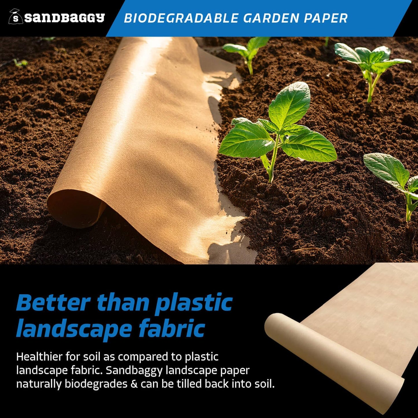 Sandbaggy Biodegradable Landscape Fabric - Garden Paper for Weeds - Paper Mulch Rolls - Made in America (4 ft x 475 ft, 1)