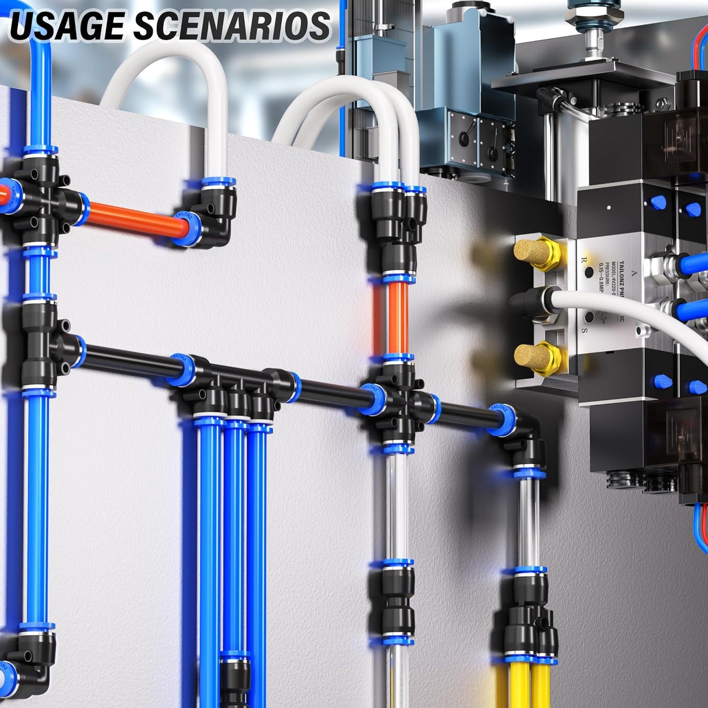 TAILONZ PNEUMATIC 1/4 Inch od Push to Connect Fittings Pneumatic Fittings Kit 10 Spliters+10 Elbows+10 tee+10 Straight (40 pcs)