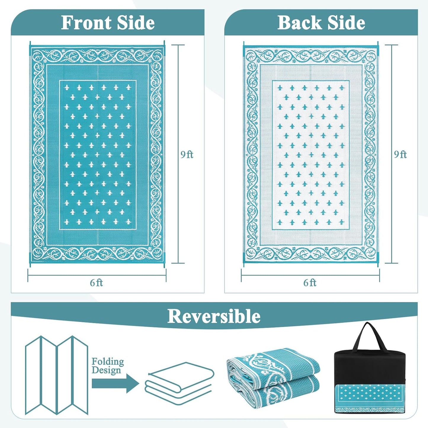 Pauwer Waterproof Outdoor Rug 6x9, Reversible Plastic Straw Patio Camping Rug, Indoor Outdoor RV Mat Carpet for Deck, Camper, Porch, Balcony, Backyard, Picnic, Bordered Teal